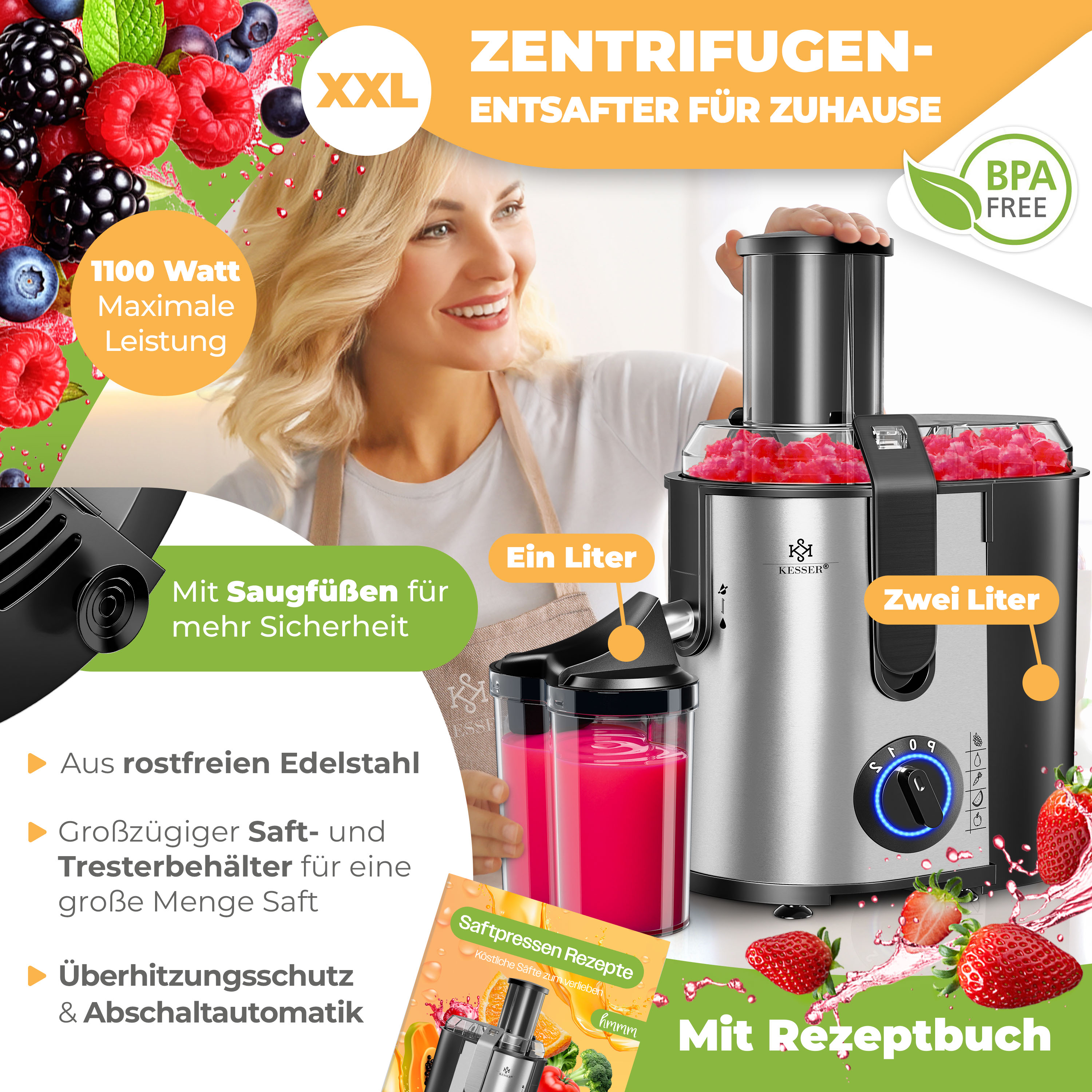 Entsafter mit Früchten, Frau und Text auf Deutsch. Enthält BPA-freies Etikett und Rezeptbuch.