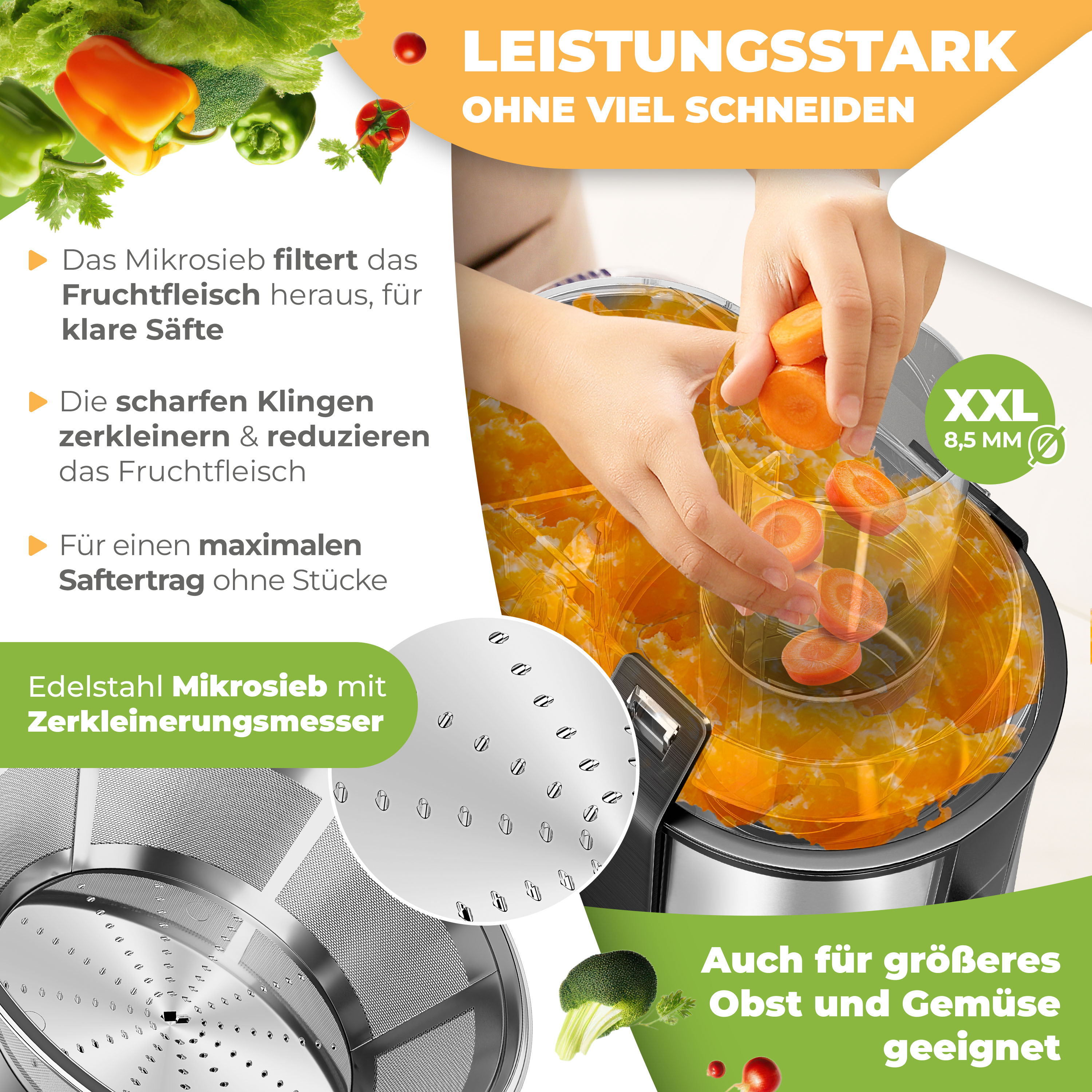 Ein Entsafter, in den Karotten gelegt werden. Brokkoli und anderes Gemüse sind im Hintergrund sichtbar.