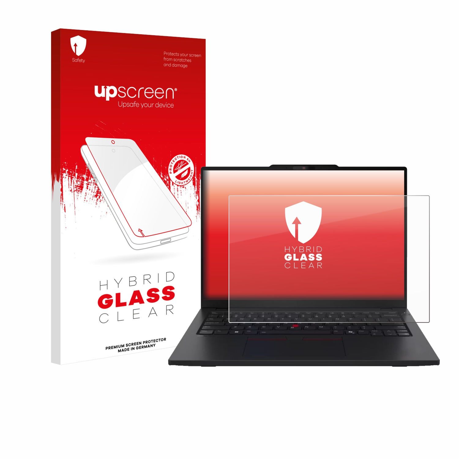 Ein Laptop mit Displayschutzfolie neben der Produktbox. Die Box zeigt ein Telefonbild mit rotem und weißem Branding.