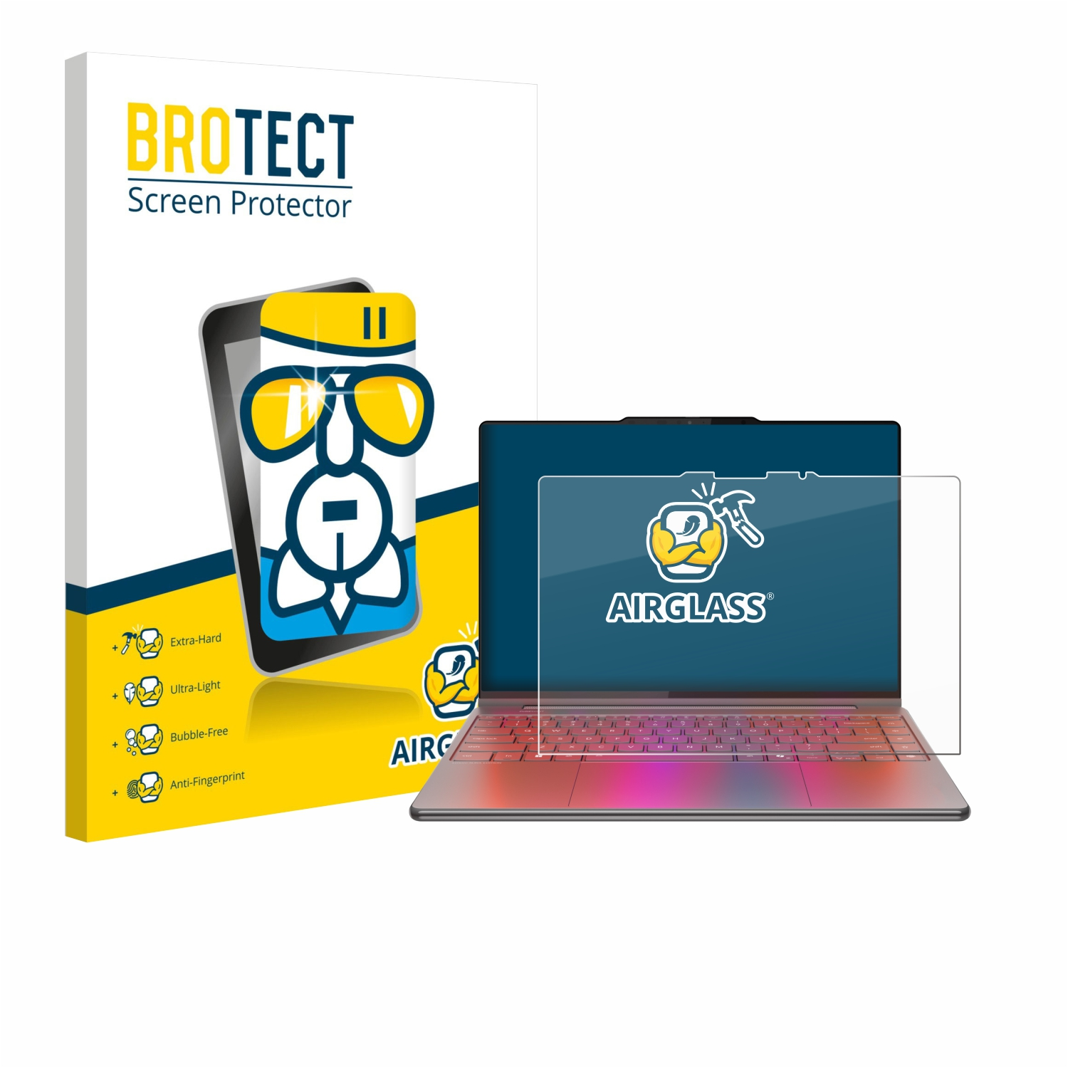 Ein Laptop mit Displayschutzfolie, daneben eine Schachtel mit einer Zeichentrickfigur und dem Text 'BROTECT Screen Protector'.