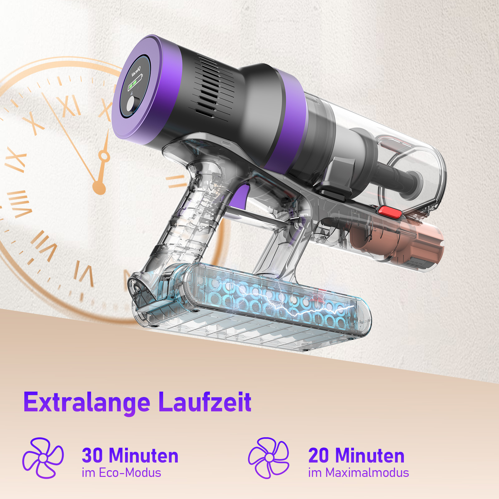 Un aspirateur sans fil transparent avec des touches de violet. Une horloge en arrière-plan. Texte : Extralange Laufzeit.