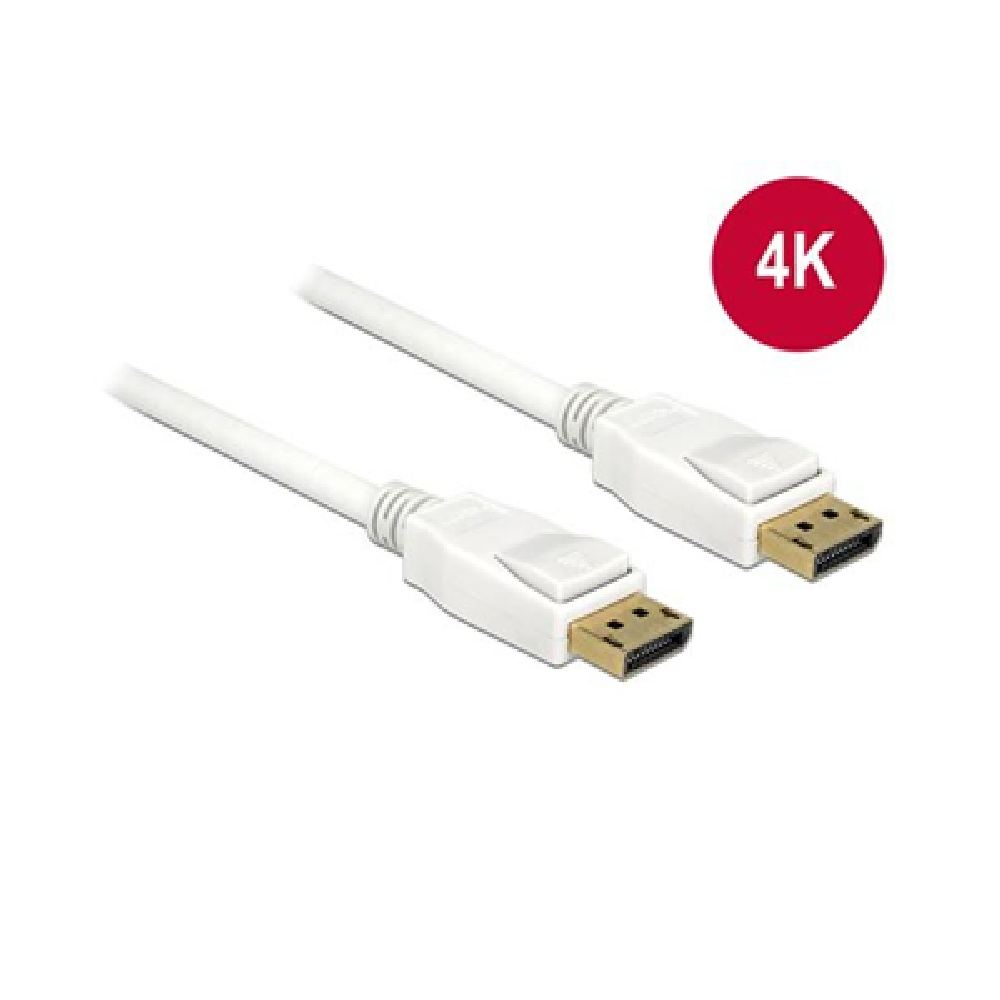 Dwa białe kable DisplayPort ze złotymi złączami. Czerwone koło z napisem '4K' w prawym górnym rogu.