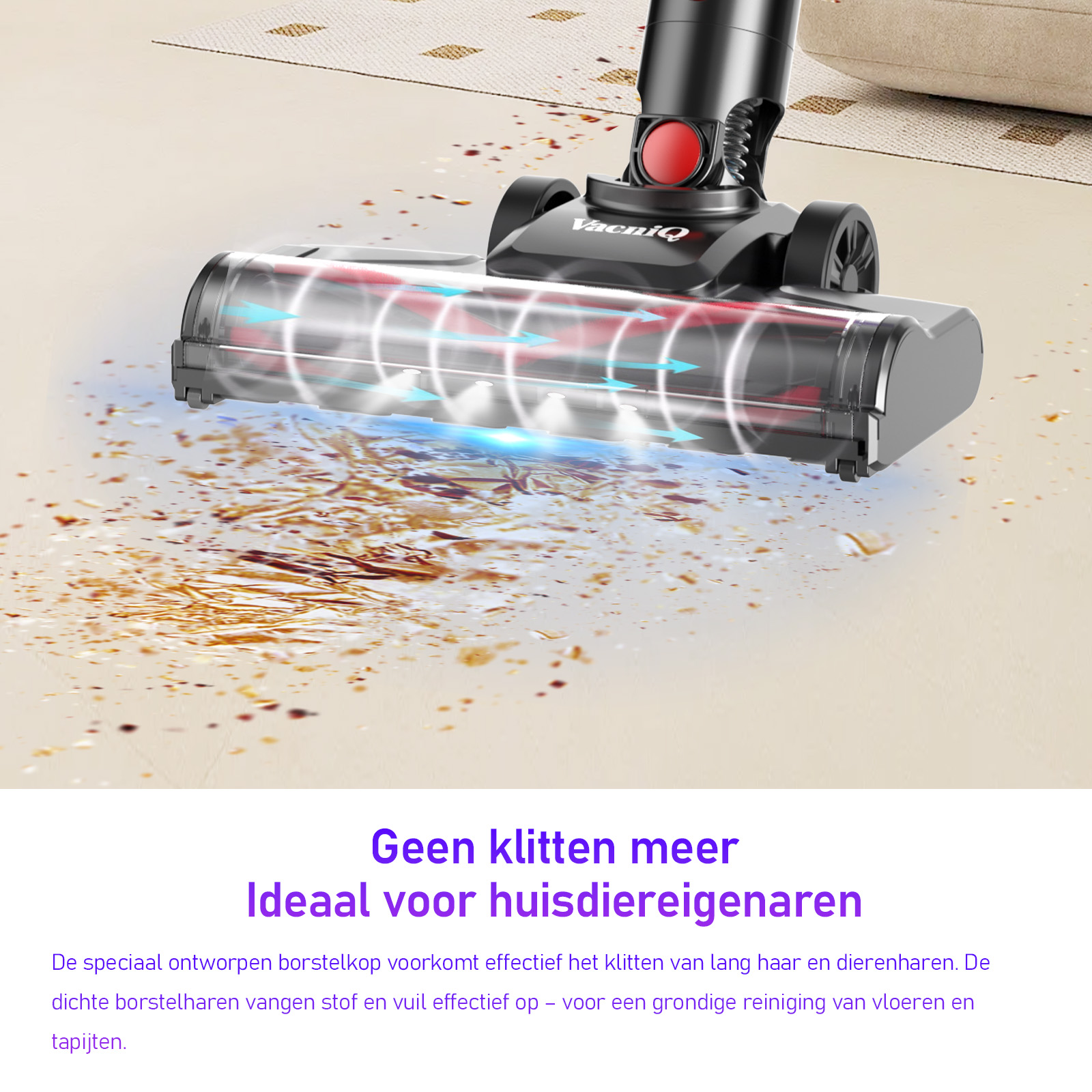A black and red vacuum cleaner head on a light brown surface with debris. Arrows indicate suction.