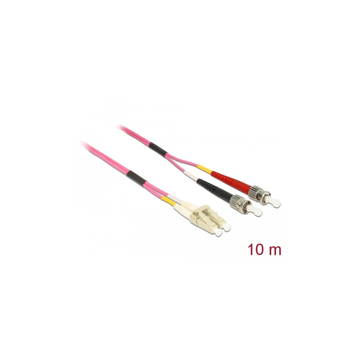 Cavi in fibra ottica. Due cavi rosa si dividono in quattro, con connettori alle estremità. Testo: '10 m'.