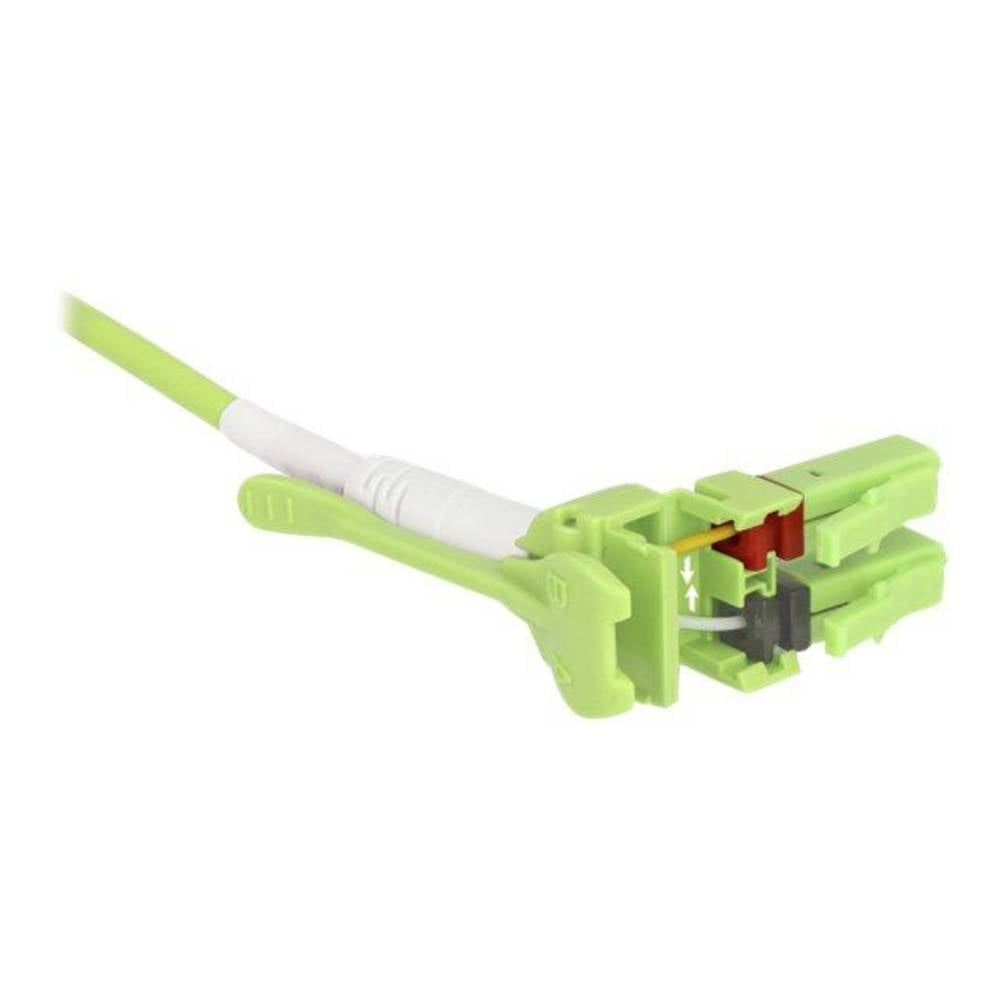 Un connettore in fibra ottica verde e bianco. Il connettore è tagliato per mostrare i componenti interni. Lo sfondo è bianco.