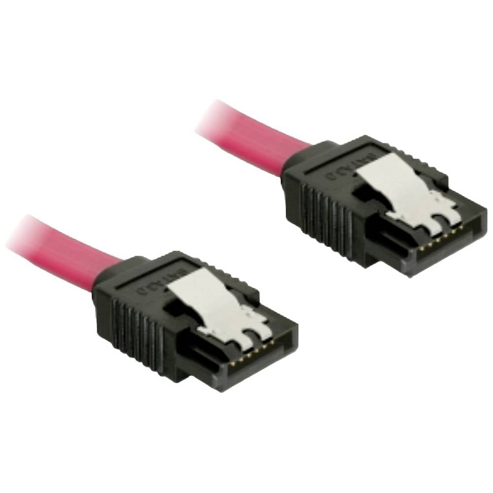 Due connettori SATA neri con clip argentate e cavi rosa su sfondo bianco.