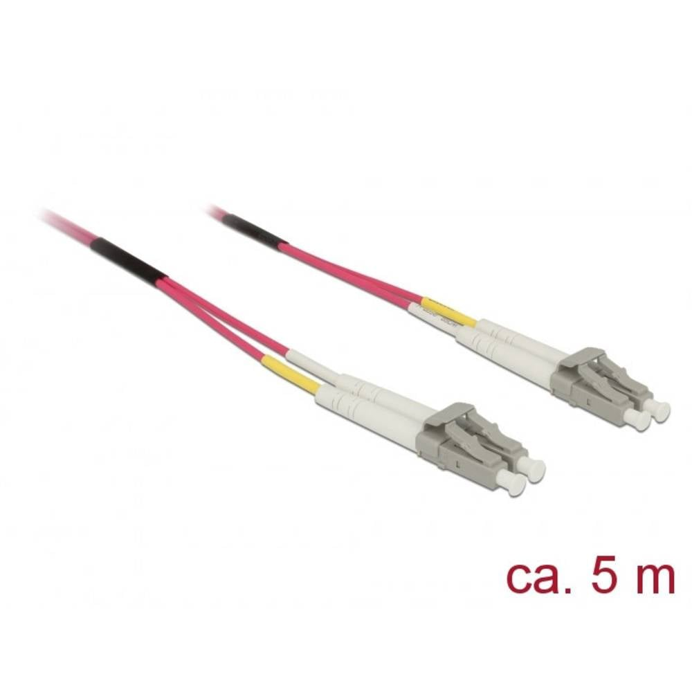 Due cavi in fibra ottica con isolamento rosa e giallo, connettori bianchi e clip grigie. Testo: 'ca. 5 m'.