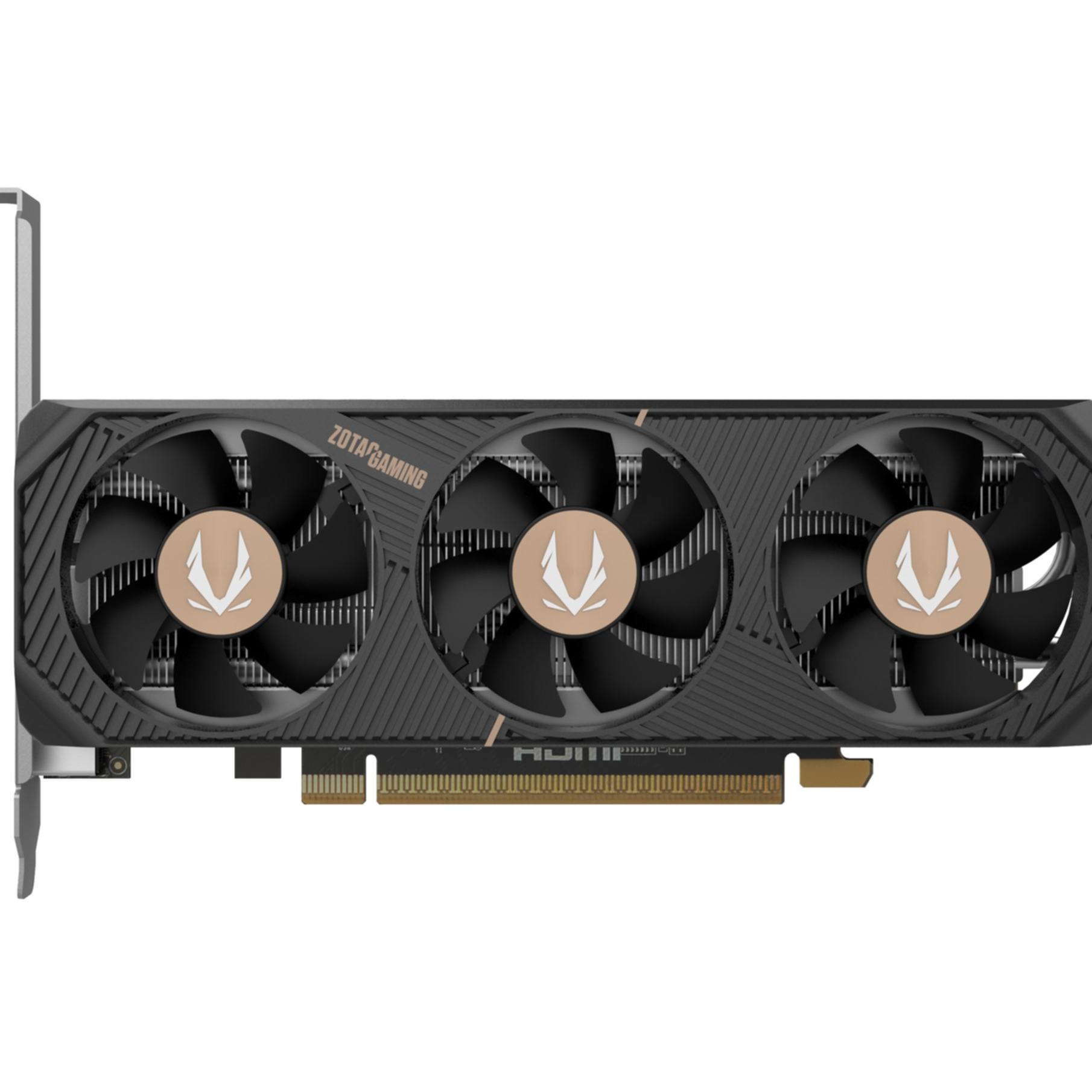 Eine Zotac Gaming Grafikkarte mit drei Lüftern. Schwarz- und Goldtöne dominieren. Die Karte verfügt über HDMI-Anschlüsse.