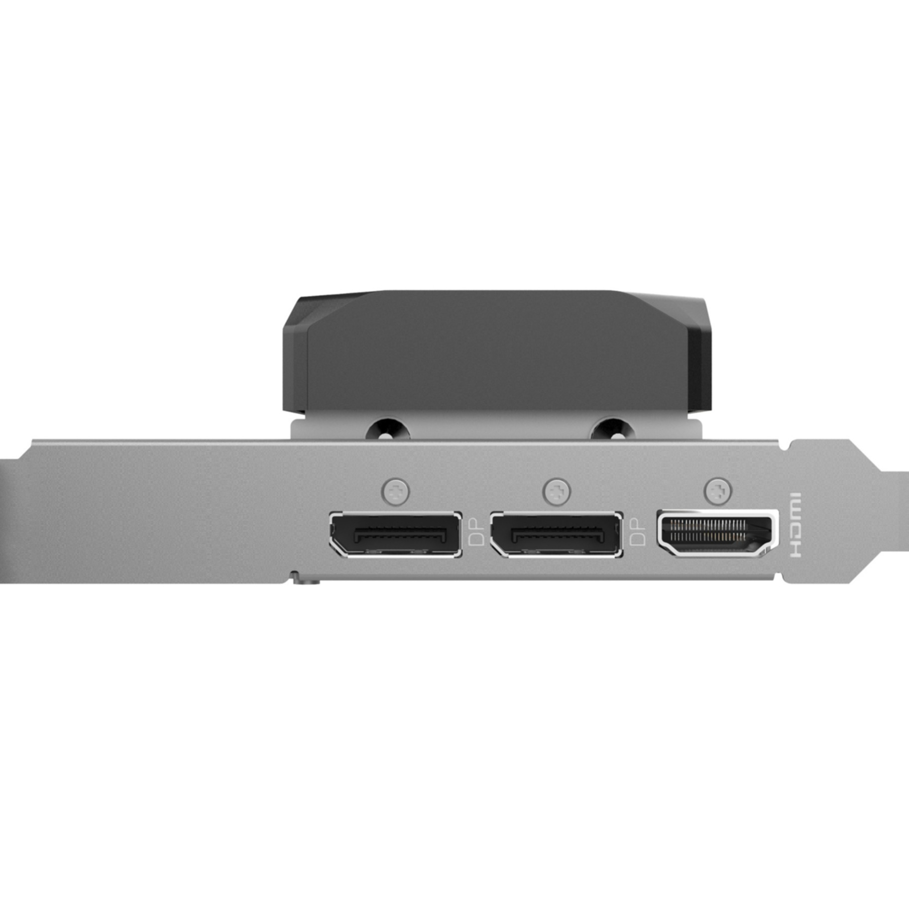 Grafikkarte mit drei Anschlüssen: zwei DisplayPort, ein HDMI und ein schwarzer Kühlkörper.