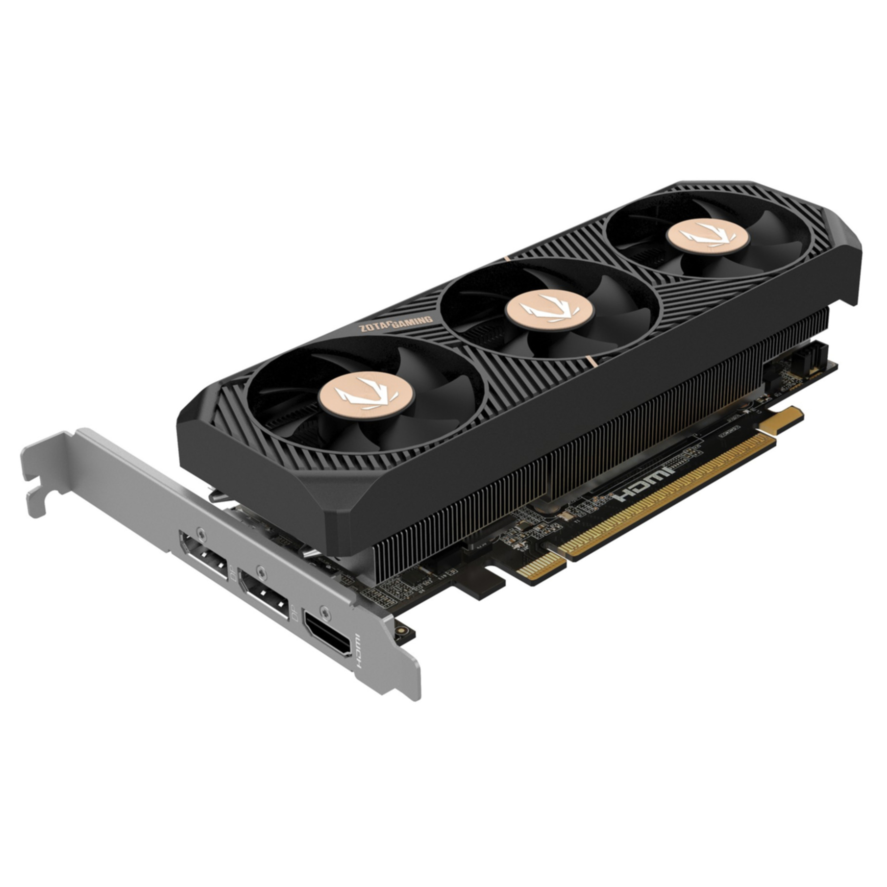 Eine Zotac Gaming Grafikkarte mit drei Lüftern. Sie hat ein schwarzes Gehäuse, goldene Akzente und eine silberne Anschlussblende.