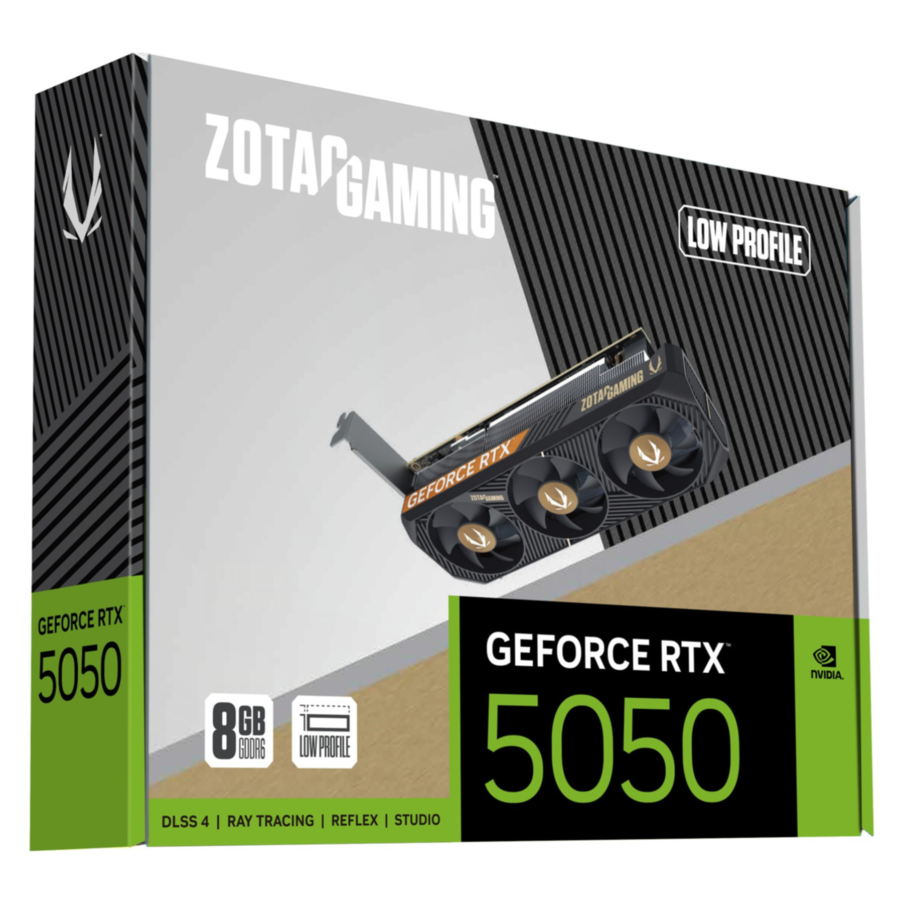 Schachtel der Zotac Gaming GeForce RTX 5050 Grafikkarte. Merkmale sind 8GB GDDR6, DLSS 4 und Raytracing.