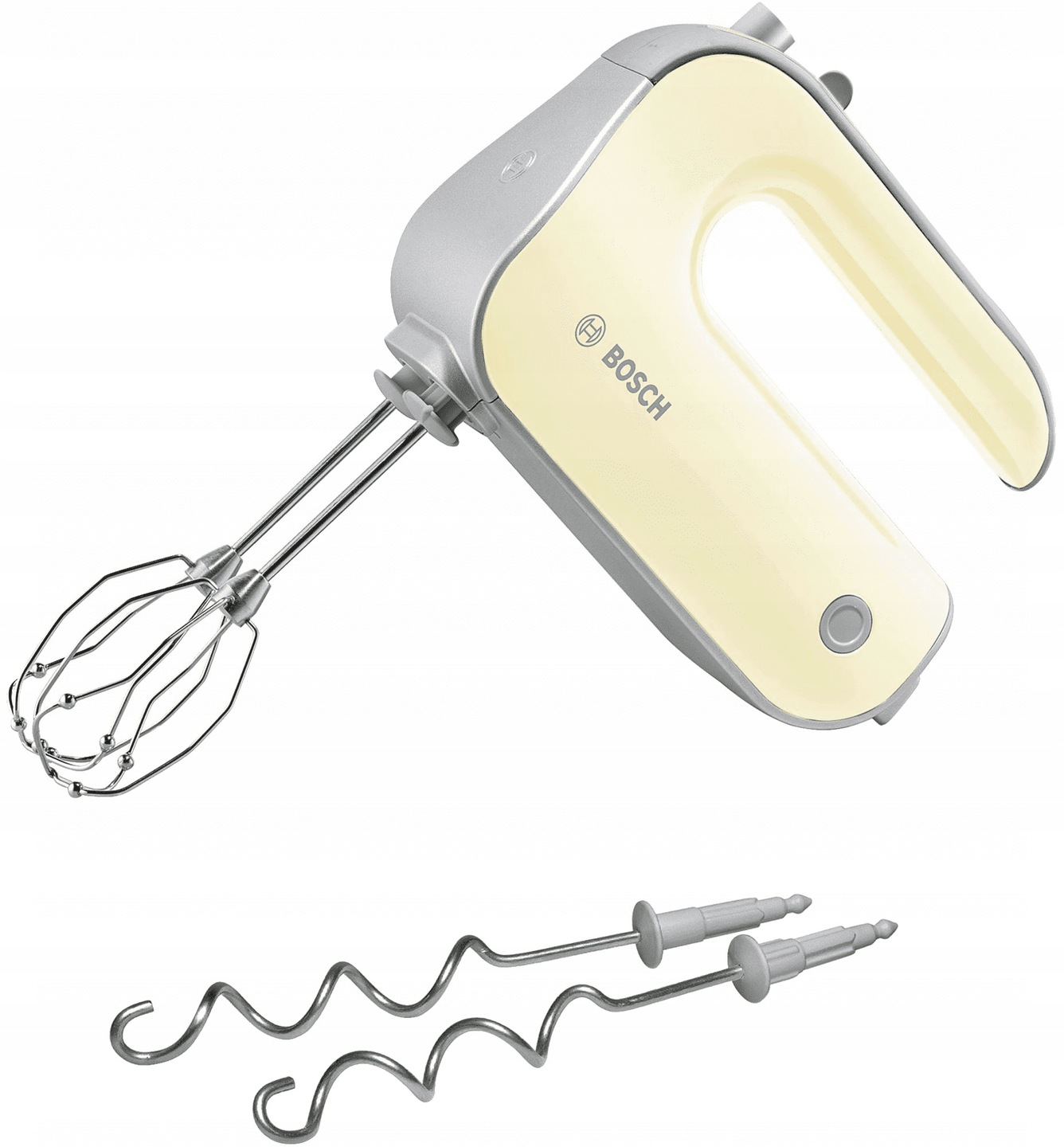 Una batidora de mano Bosch crema y plateada con dos juegos de accesorios. Se ven un batidor y un juego de ganchos de masa.