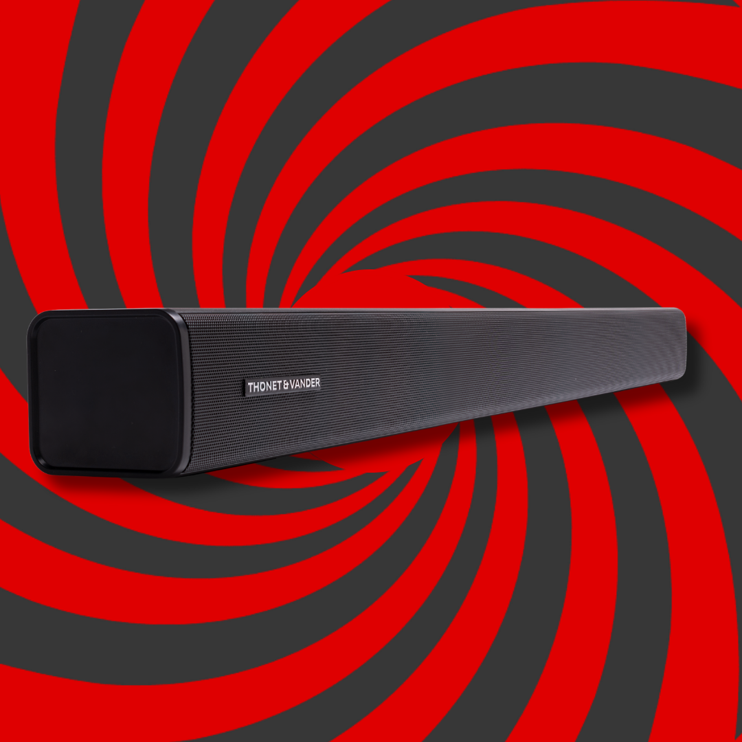 Kırmızı ve gri spiral arka plan üzerinde 'THONET & VANDER' markalı siyah bir soundbar.