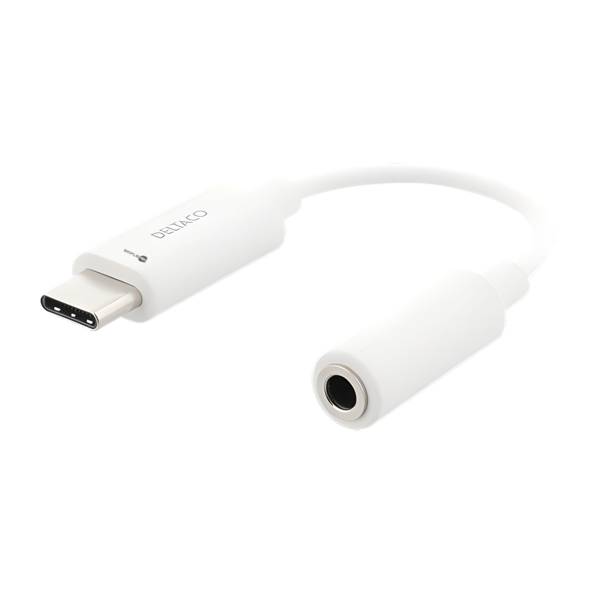 Un adattatore audio USB-C a 3,5 mm bianco. L'adattatore ha un connettore USB-C a un'estremità e un jack da 3,5 mm all'altra.