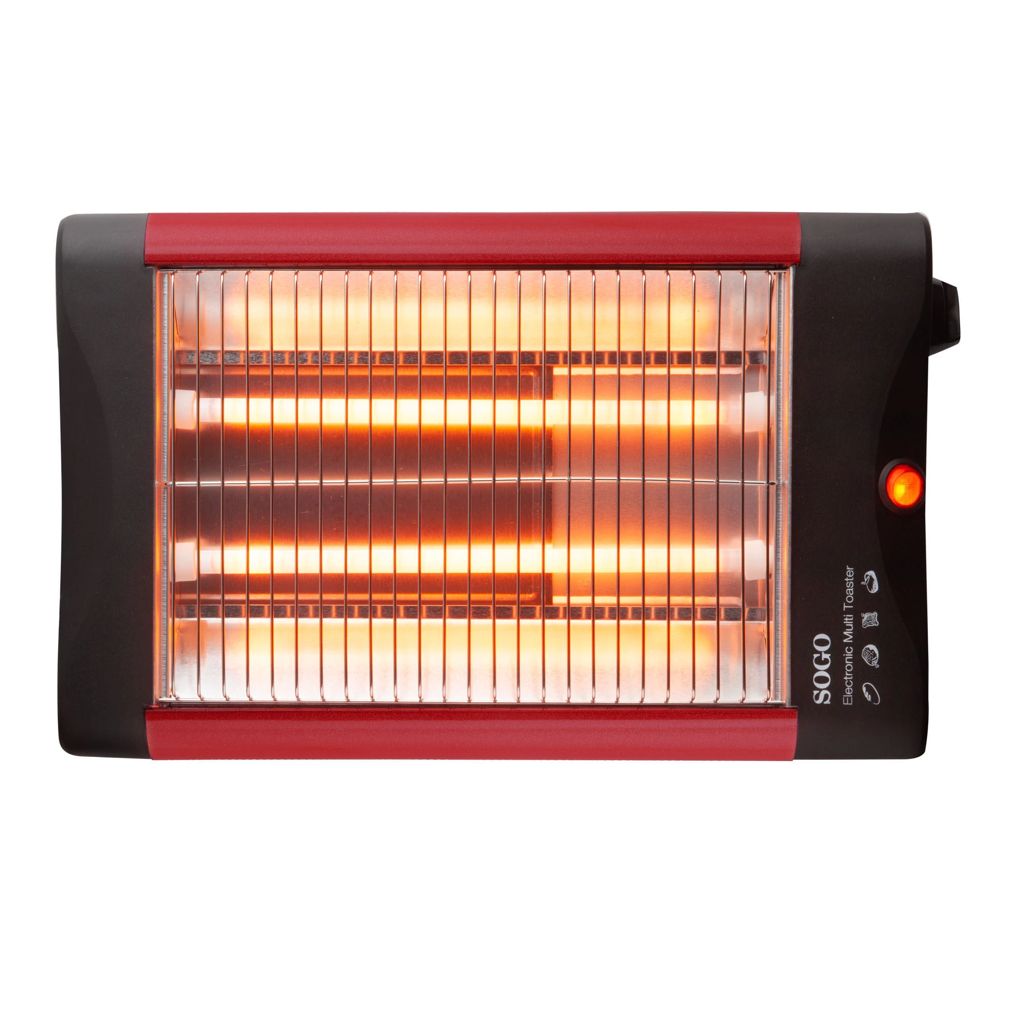 Un tostapane multiplo elettronico SOGO. Ha un design rosso e nero con elementi riscaldanti luminosi. L'alimentazione è attiva.