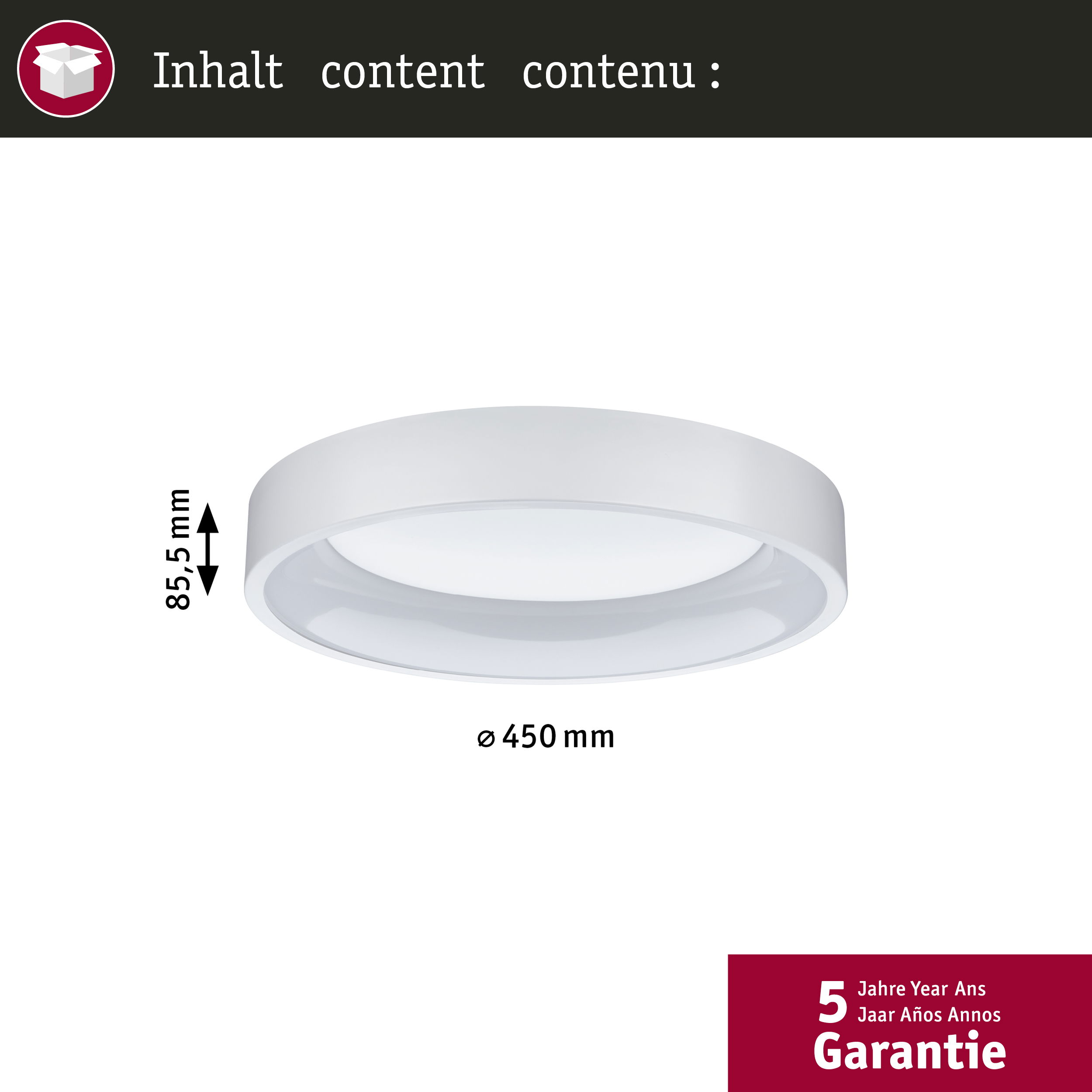 Wyświetlana jest biała, okrągła lampa sufitowa. Pokazano wymiary. Widoczne są również informacje o gwarancji.