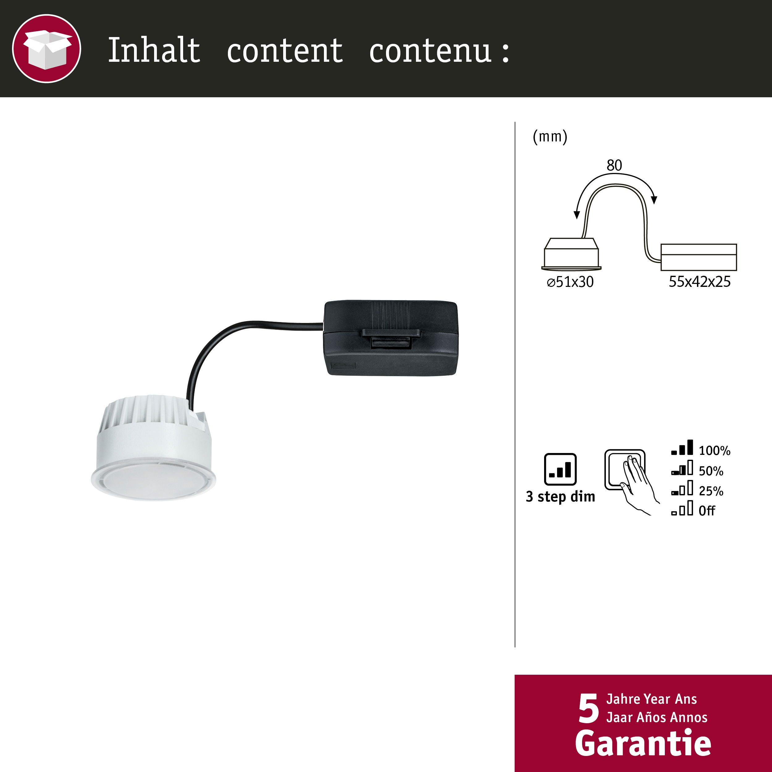 Eine weiße LED-Leuchte mit schwarzem Kabel und schwarzer Box. Diagramme zeigen Abmessungen, eine Dimm-Einstellung und Garantie.
