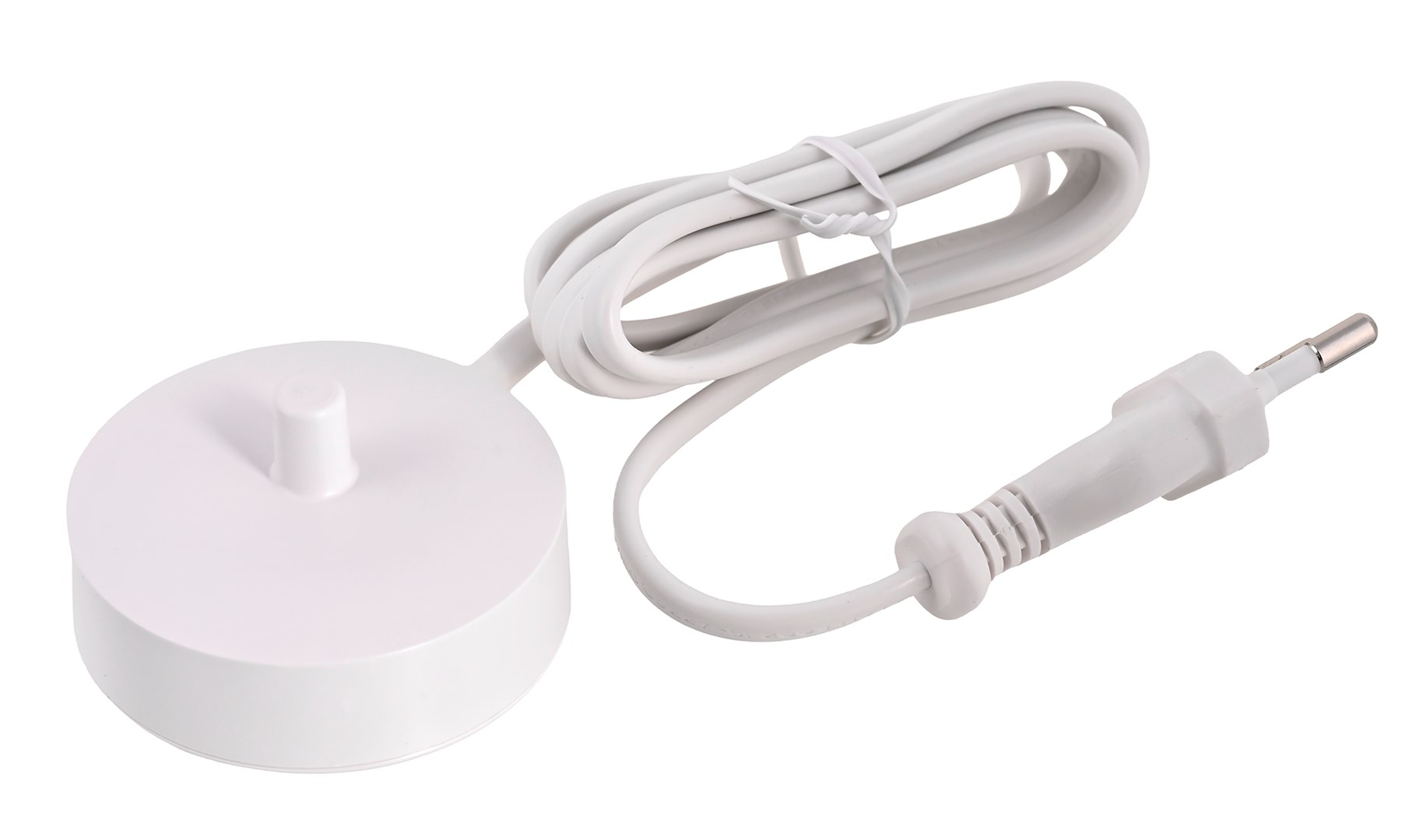 Biała stacja ładująca do szczoteczki elektrycznej z kablem i wtyczką. Kabel jest zwinięty.