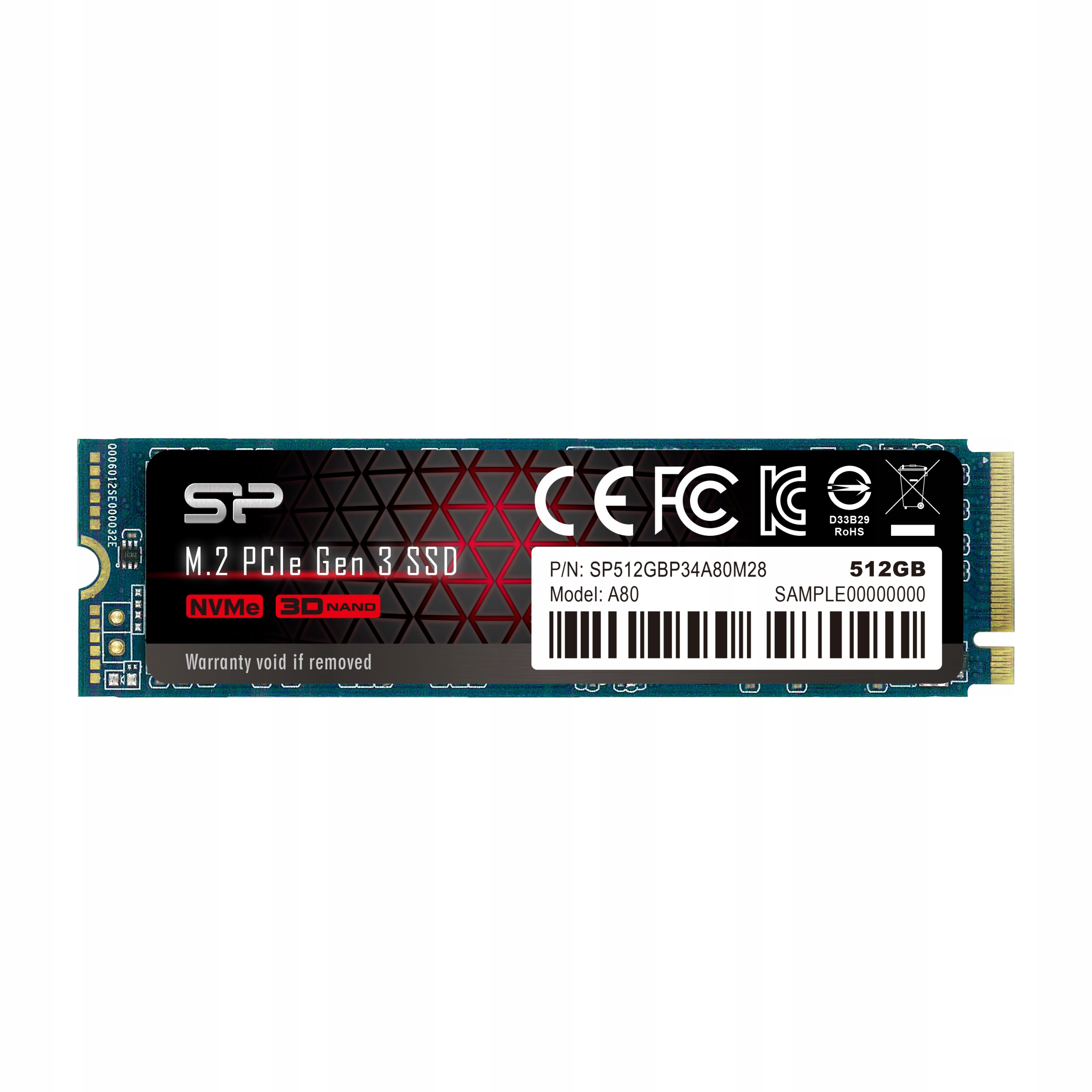 Eine NVMe M.2 PCIe Gen 3 SSD mit SP-Logo, 512 GB und Zertifizierungszeichen. Schwarz-rotes Design.