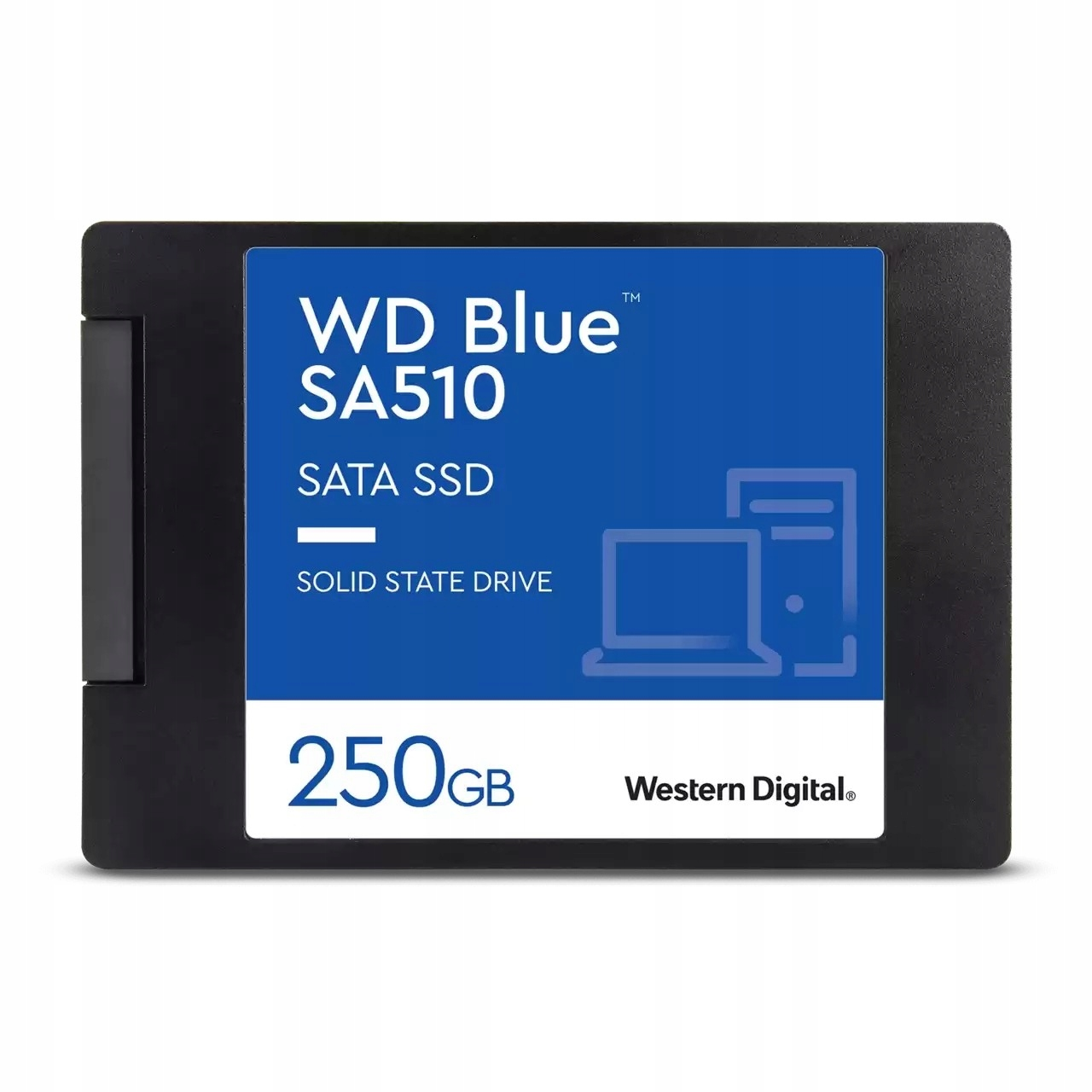 WD Blue SA510 SATA SSD. Czarna obudowa z niebieską etykietą. Zawiera tekst i ikony, w tym 250 GB i Western Digital.
