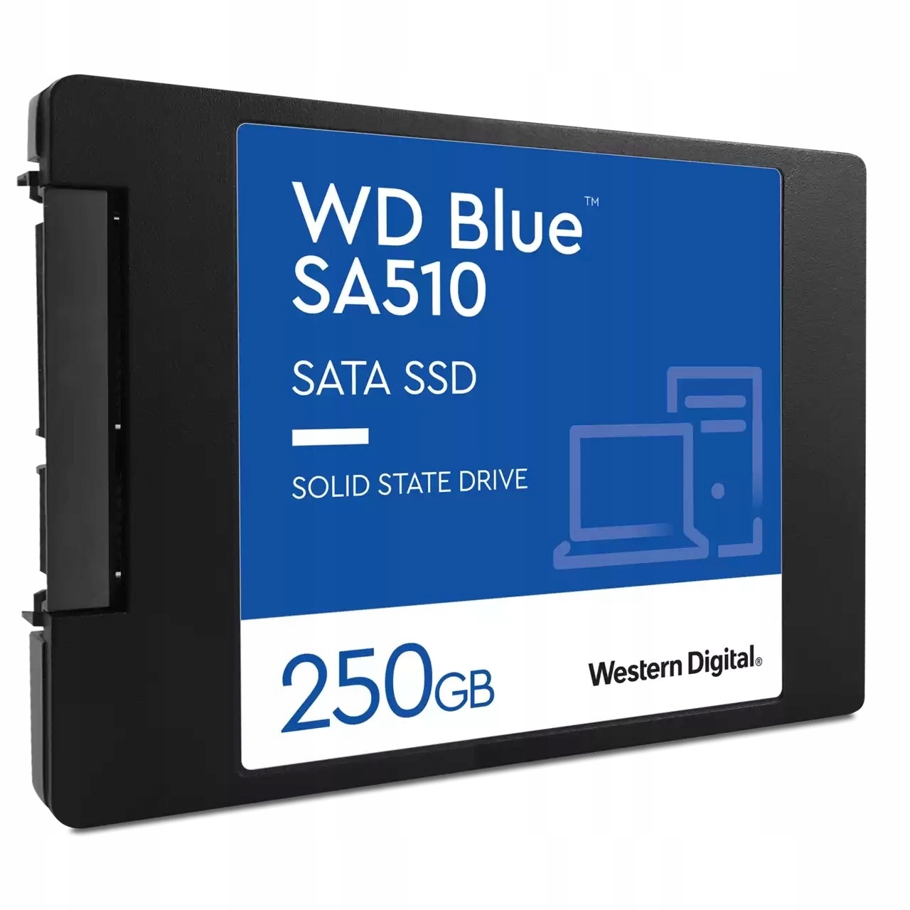 Czarny dysk SSD SATA WD Blue SA510 250 GB. Ma niebieską etykietę z białym tekstem, logo Western Digital i ikonę komputera.