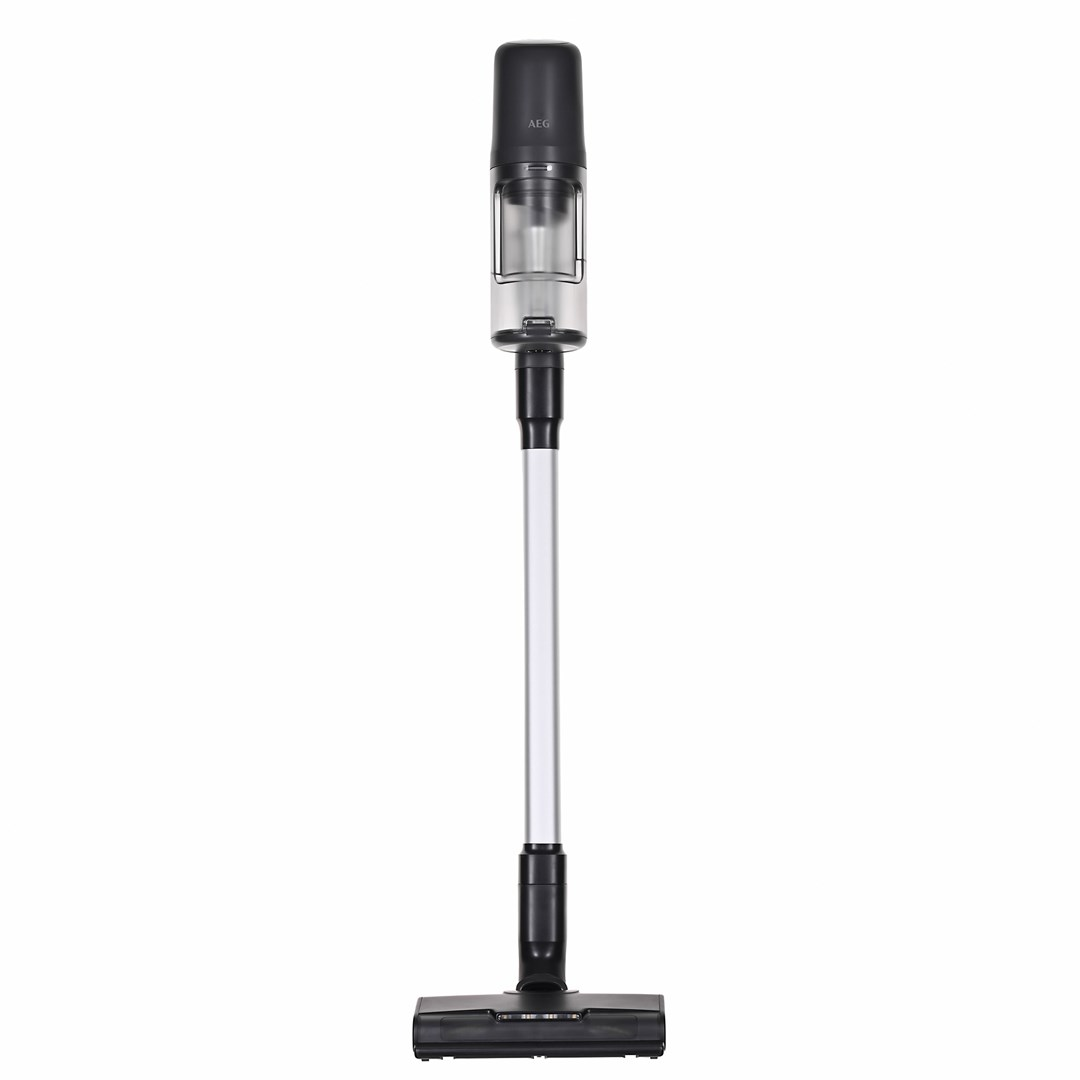 Bezprzewodowy odkurzacz AEG. Ma czarny silnik, przezroczysty pojemnik na kurz, srebrną rurę i czarną głowicę szczotki.