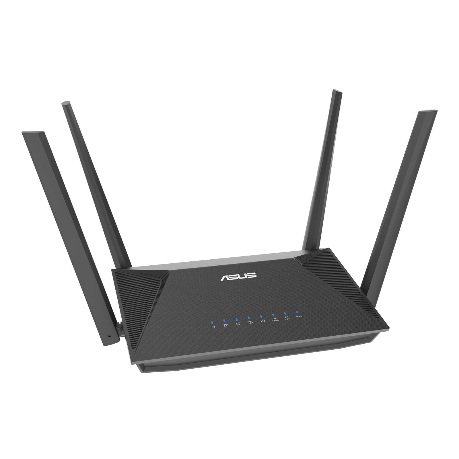 Czarny router ASUS z czterema antenami. Ma kontrolki i logo ASUS. Tło jest białe.