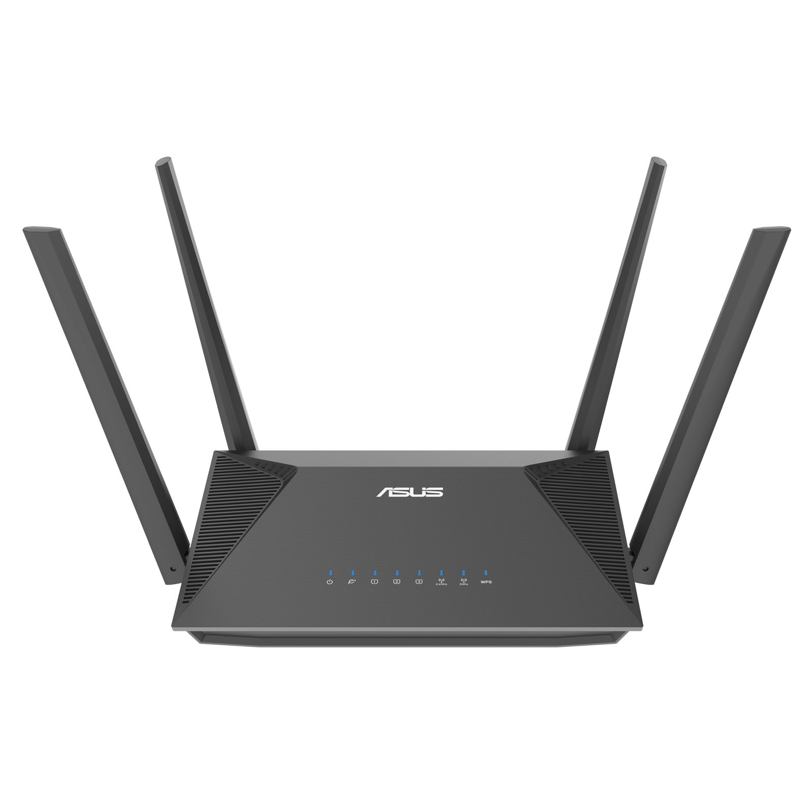 Ciemnoszary router ASUS z czterema antenami, na białym tle. Router ma kilka niebieskich lampek kontrolnych.