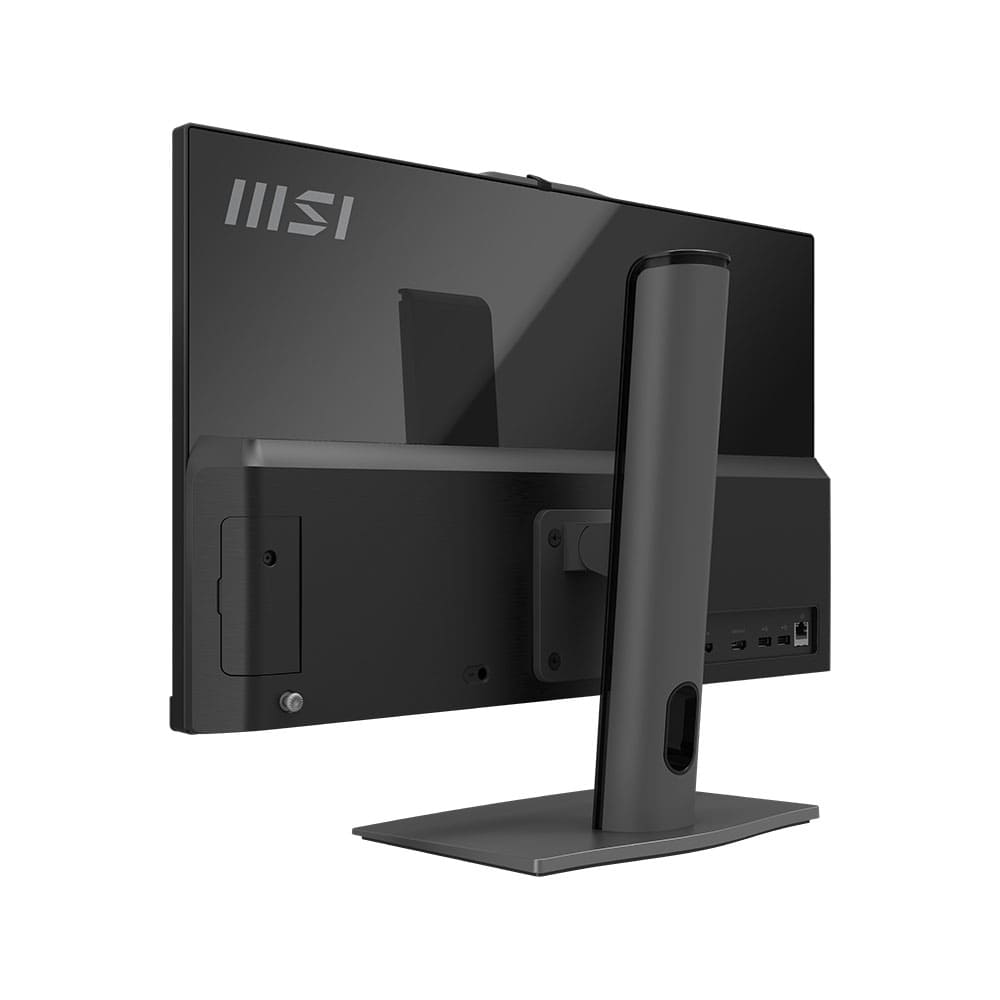 Siyah bir MSI monitörün arka görünümü. Gri bir standı ve tabanı var. MSI logosu sol üstte görülebilir.
