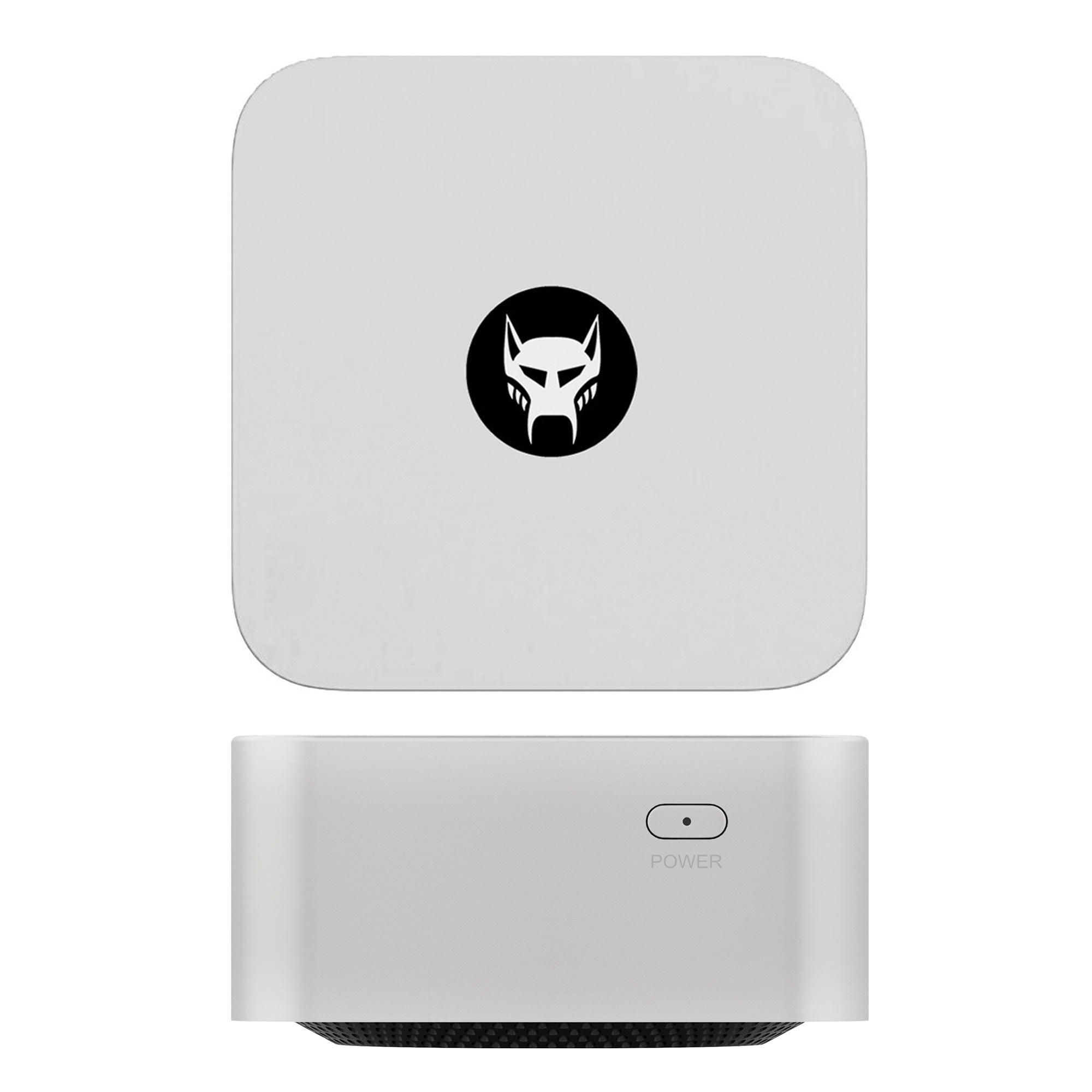 Białe urządzenie z czarnym logo, dwie sekcje. Górna sekcja ma logo. Dolna ma przycisk zasilania.