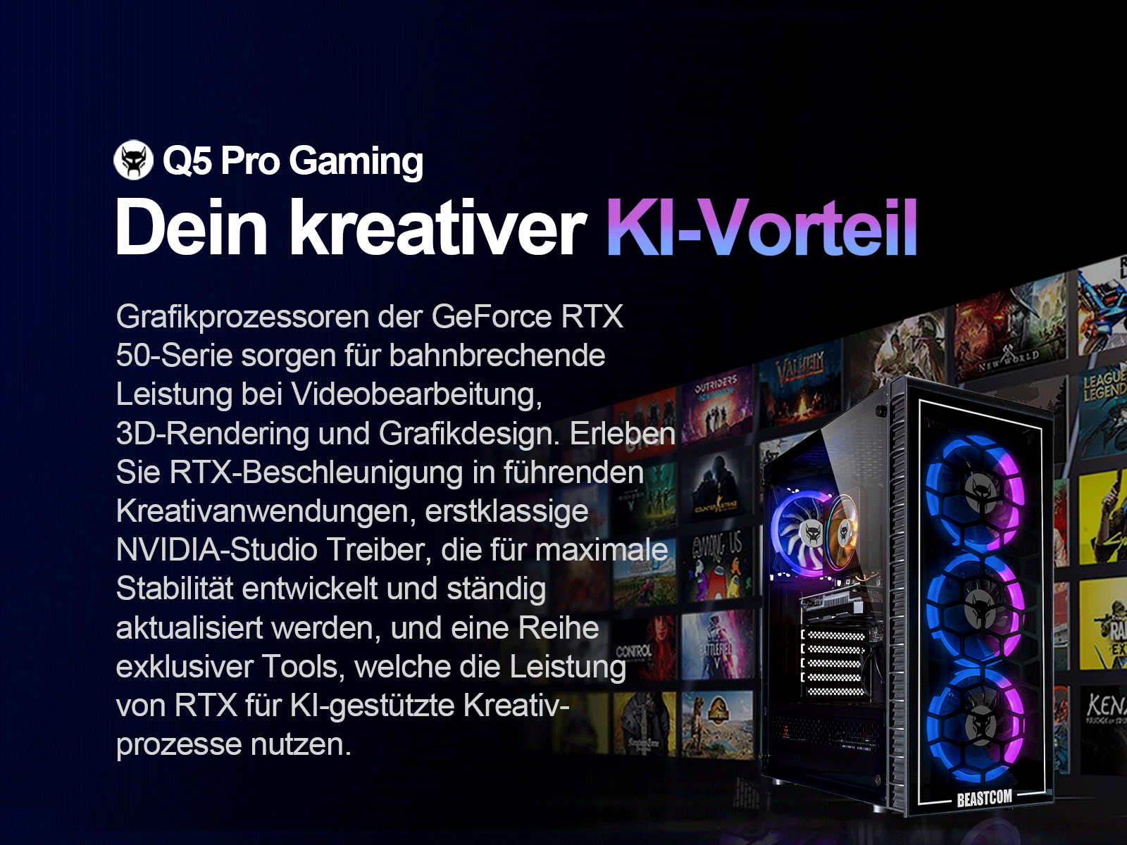 Ein Gaming-PC mit RGB-Lüftern wird angezeigt, mit Text über GeForce RTX, Kreativität und KI. Spiele sind im Hintergrund sichtbar.