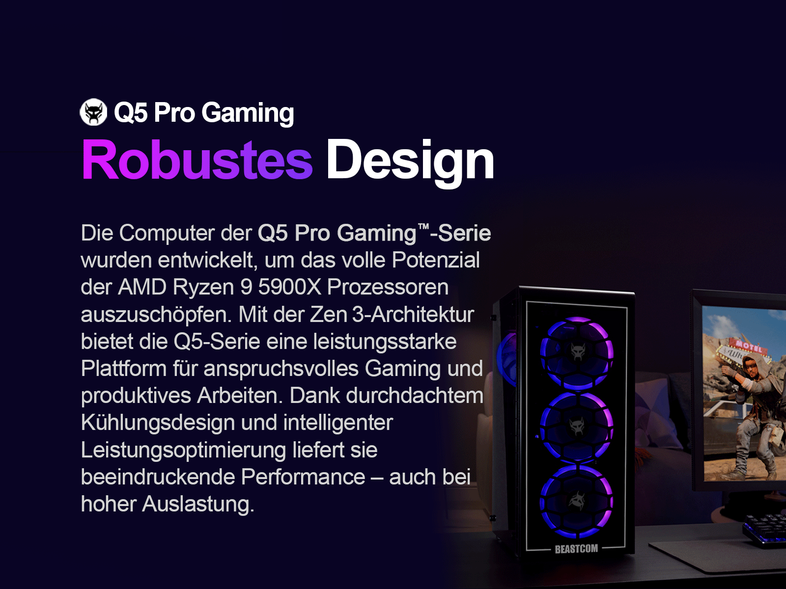 Ein Computergehäuse mit RGB-Beleuchtung steht auf einem Schreibtisch. Der Text lautet 'Q5 Pro Gaming Robustes Design'.