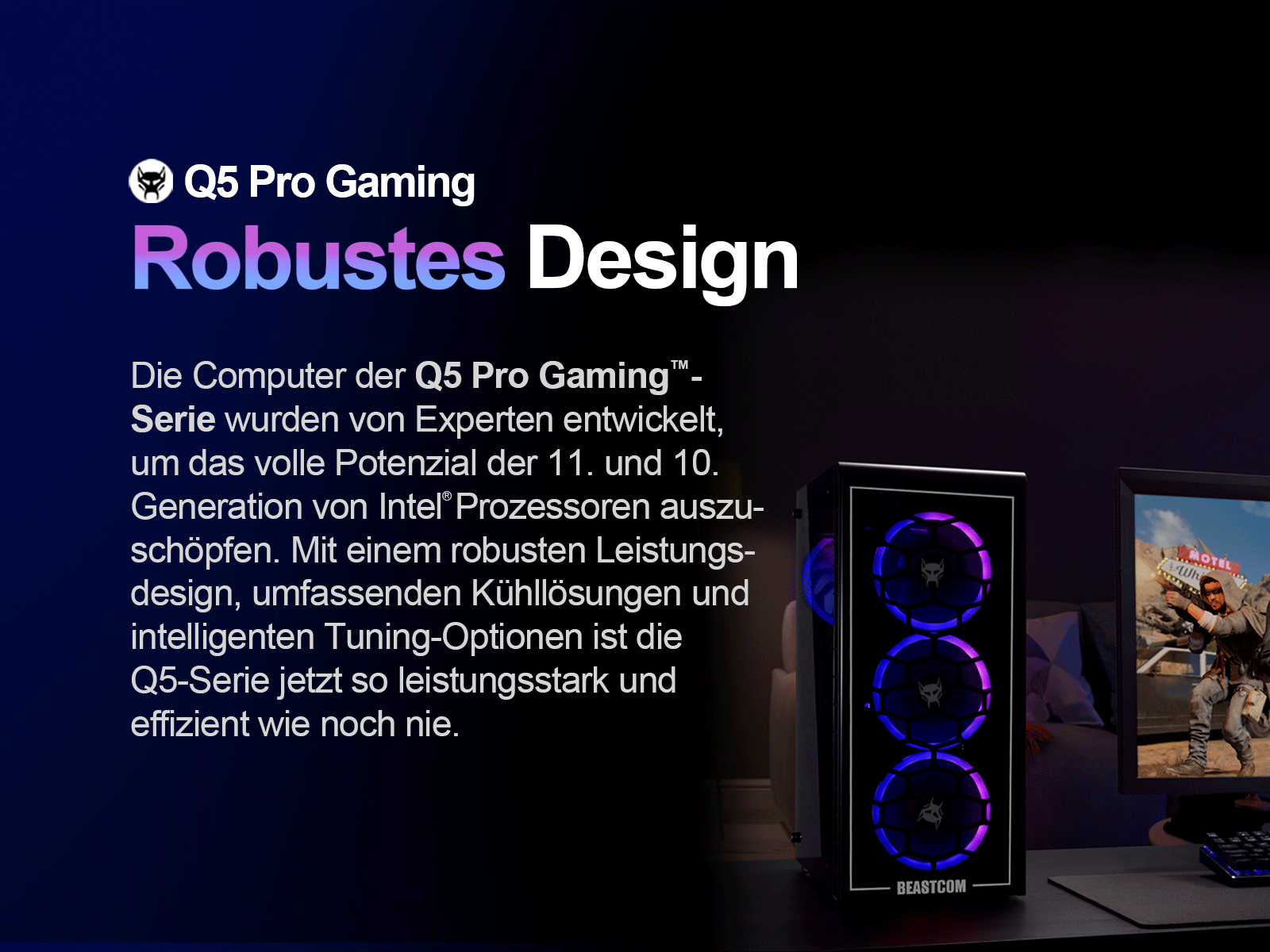 Una caja de computadora con luces azules y moradas, un monitor que muestra una escena y texto sobre la serie Q5 Pro Gaming.