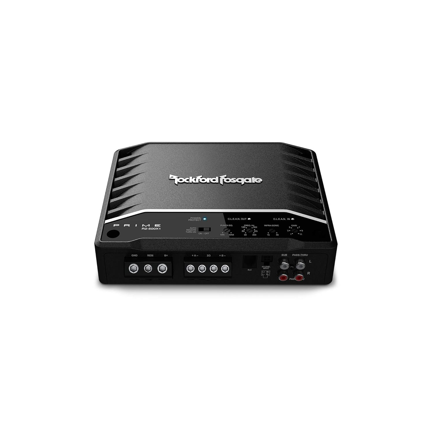 Ein schwarzer Rockford Fosgate Auto-Audio-Verstärker. Er hat verschiedene Eingangs- und Ausgangsanschlüsse mit Beschriftungen.