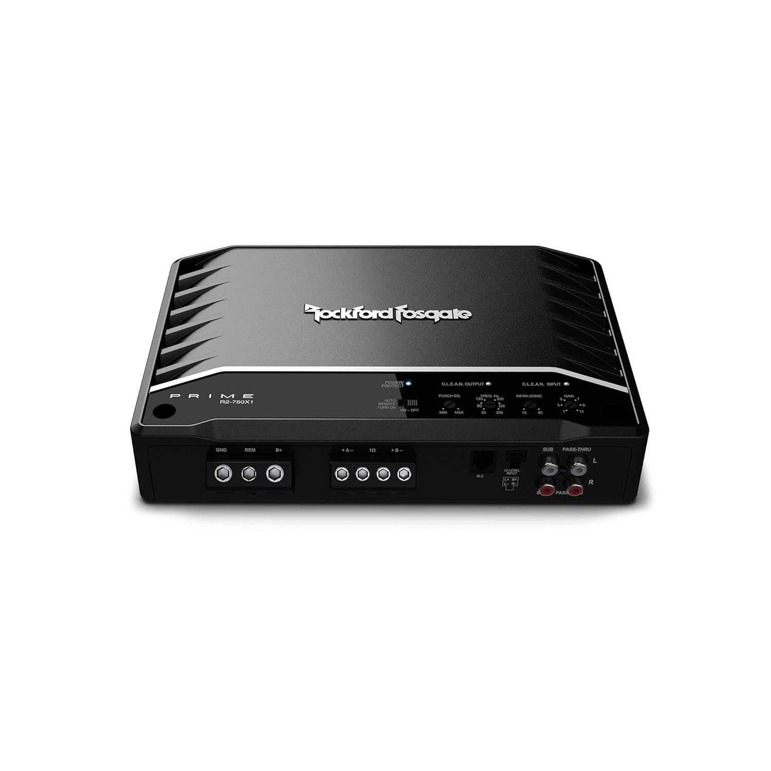 Ein schwarzer Rockford Fosgate-Auto-Verstärker. Er hat verschiedene Ein- und Ausgangsanschlüsse mit Steuereinstellungen.
