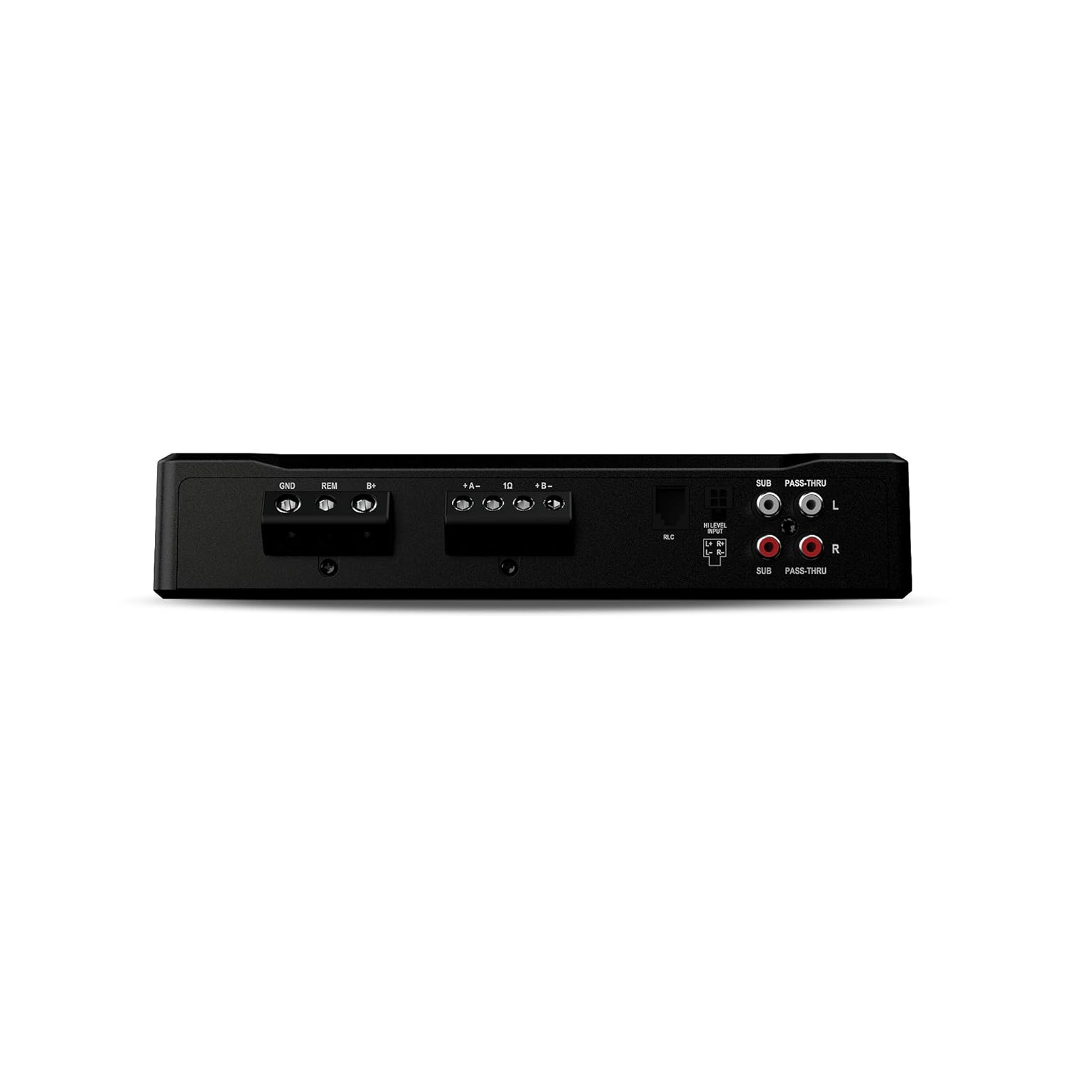 Ein schwarzes elektronisches Gerät mit verschiedenen Ein-/Ausgangsanschlüssen, beschriftet mit: GND, REM, B+ usw. und auch SUB und PASS-THRU.