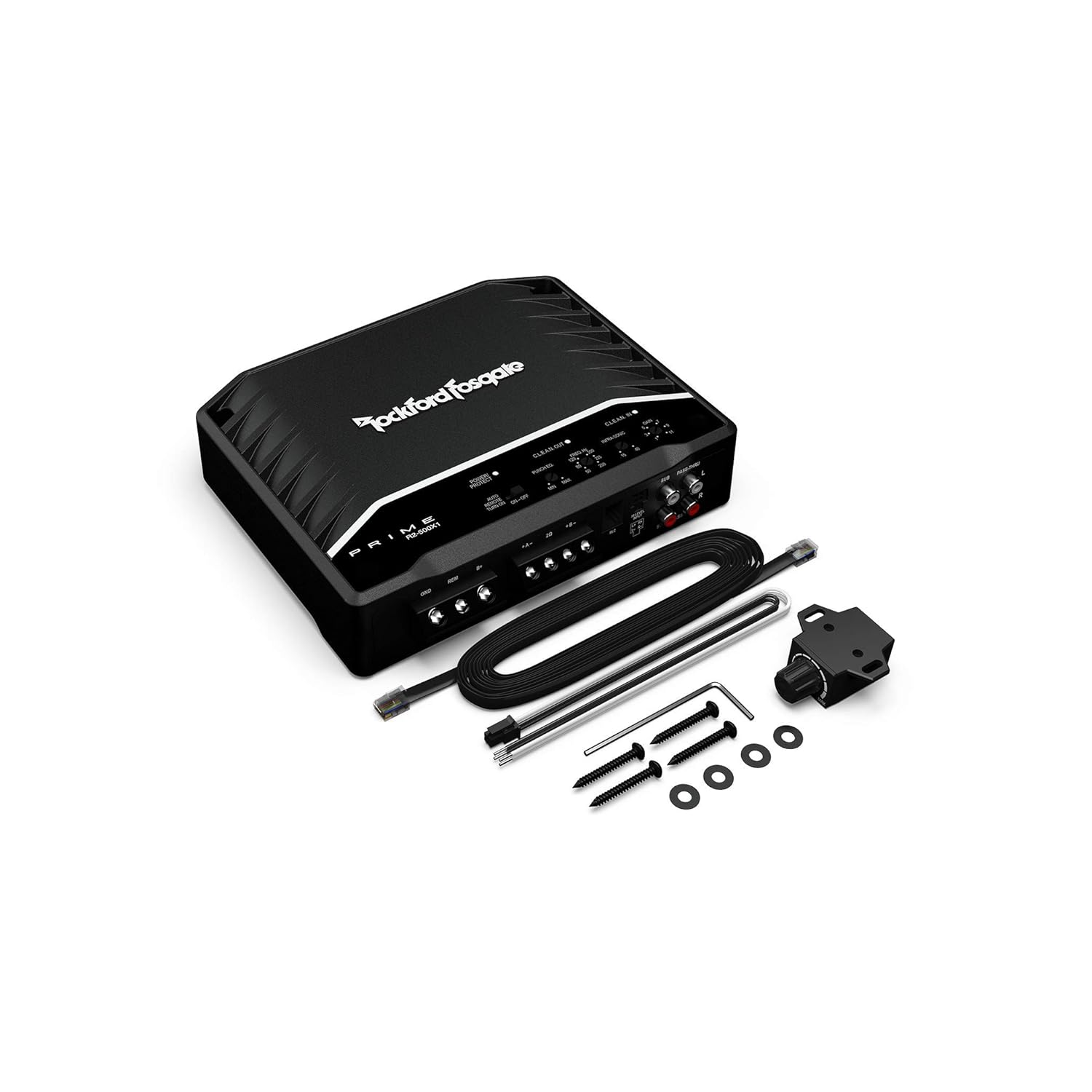 Schwarzer Rockford Fosgate Auto-Verstärker mit Kabeln, Schrauben und einem schwarzen Controller, alles auf weißem Grund.