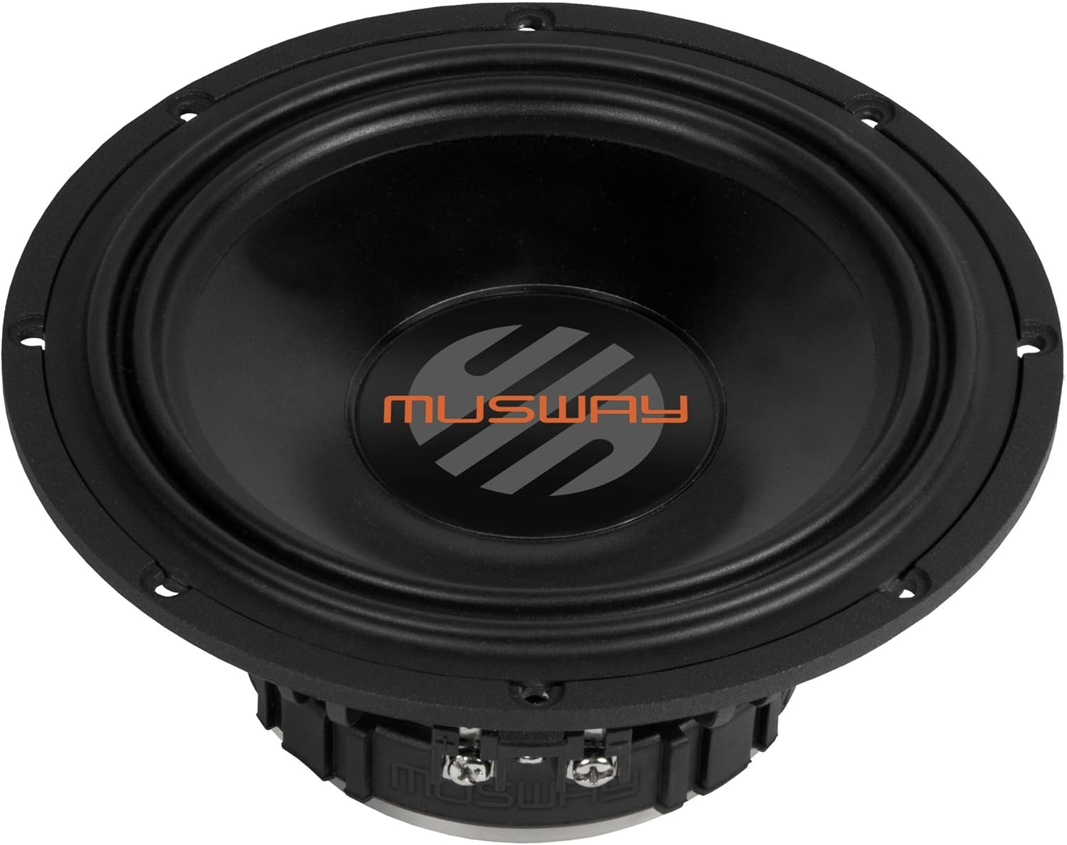 Ein schwarzer Subwoofer mit dem Markennamen 'MUSWAY' in Orange. Der Lautsprecher hat eine runde Form mit einem zentralen Konus.