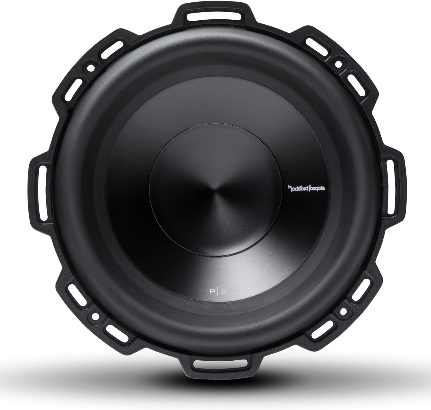 Ein schwarzer Subwoofer mit einem zentralen Konus. Er hat einen runden Schutzrahmen mit Öffnungen. Der Markenname 'Rockford Fosgate' ist sichtbar.