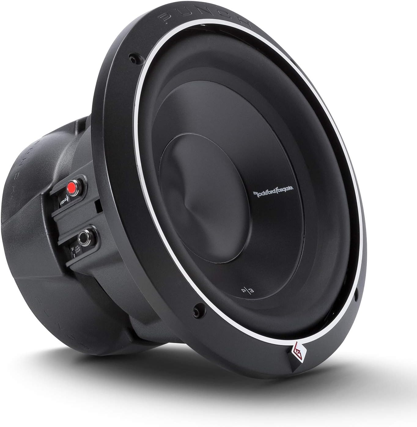Ein schwarzer Subwoofer mit weißer Umrandung. Er hat das Rockford Fosgate-Logo und einen roten Knopf. Der Hintergrund ist weiß.