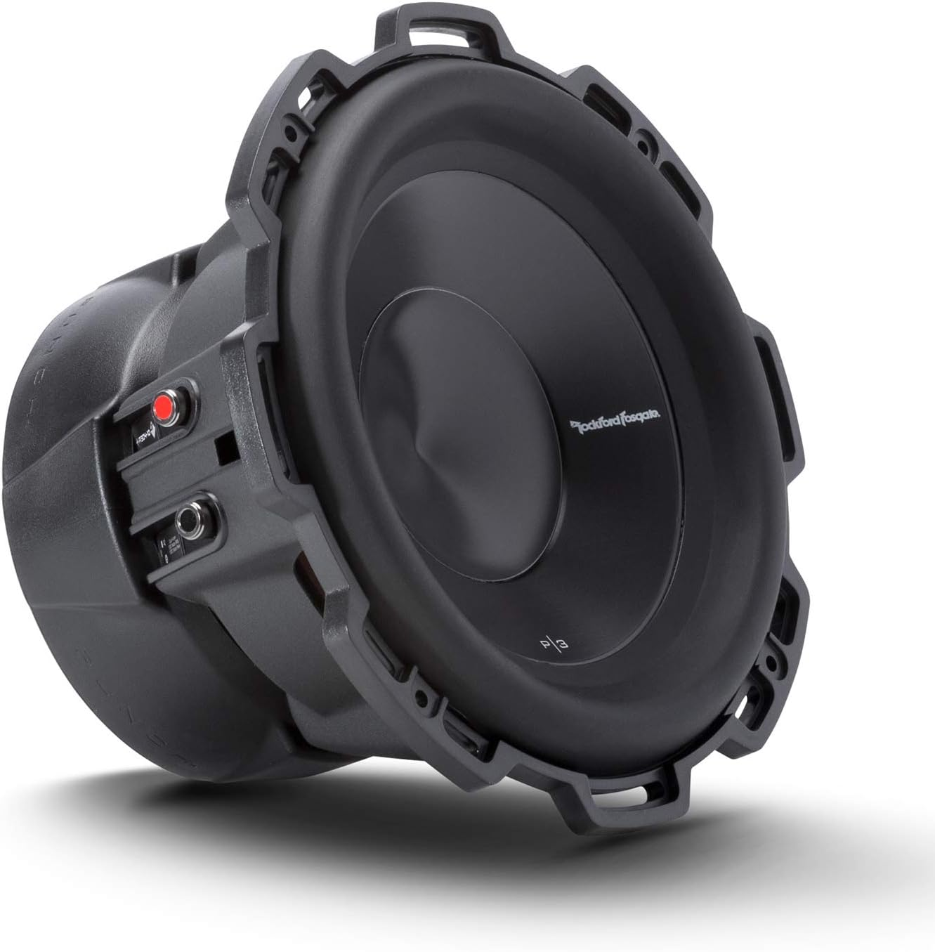 Ein schwarzer Subwoofer, leicht nach links geneigt. Er hat einen großen Lautsprecherkonus und einen Schutzrahmen, mit Markennamen.