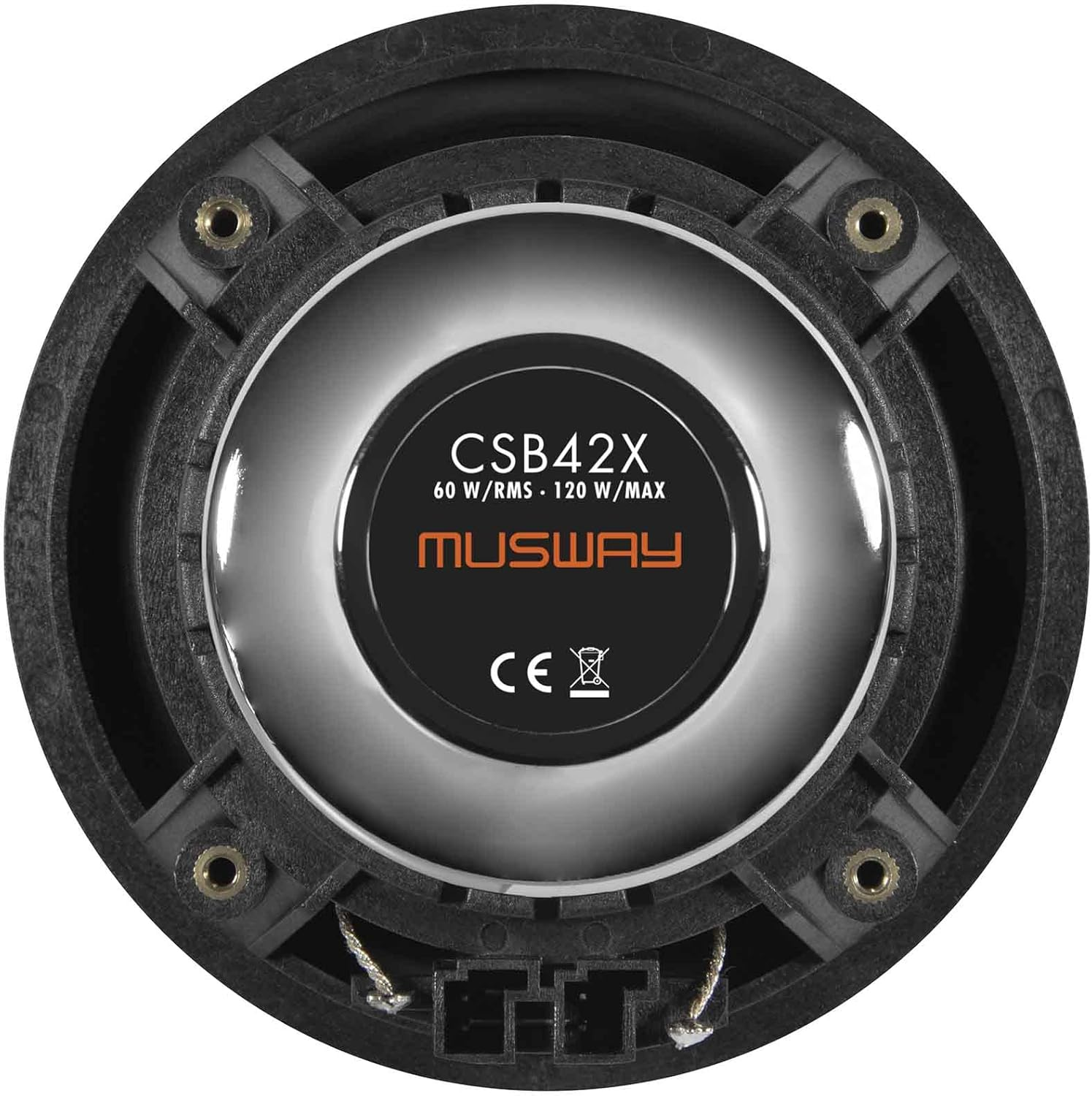 Nahaufnahme eines Lautsprechers mit schwarzem Rahmen. Die Mitte hat Text: CSB42X, MUSWAY und CE-Symbol. Der Rahmen hat Schraubenlöcher.