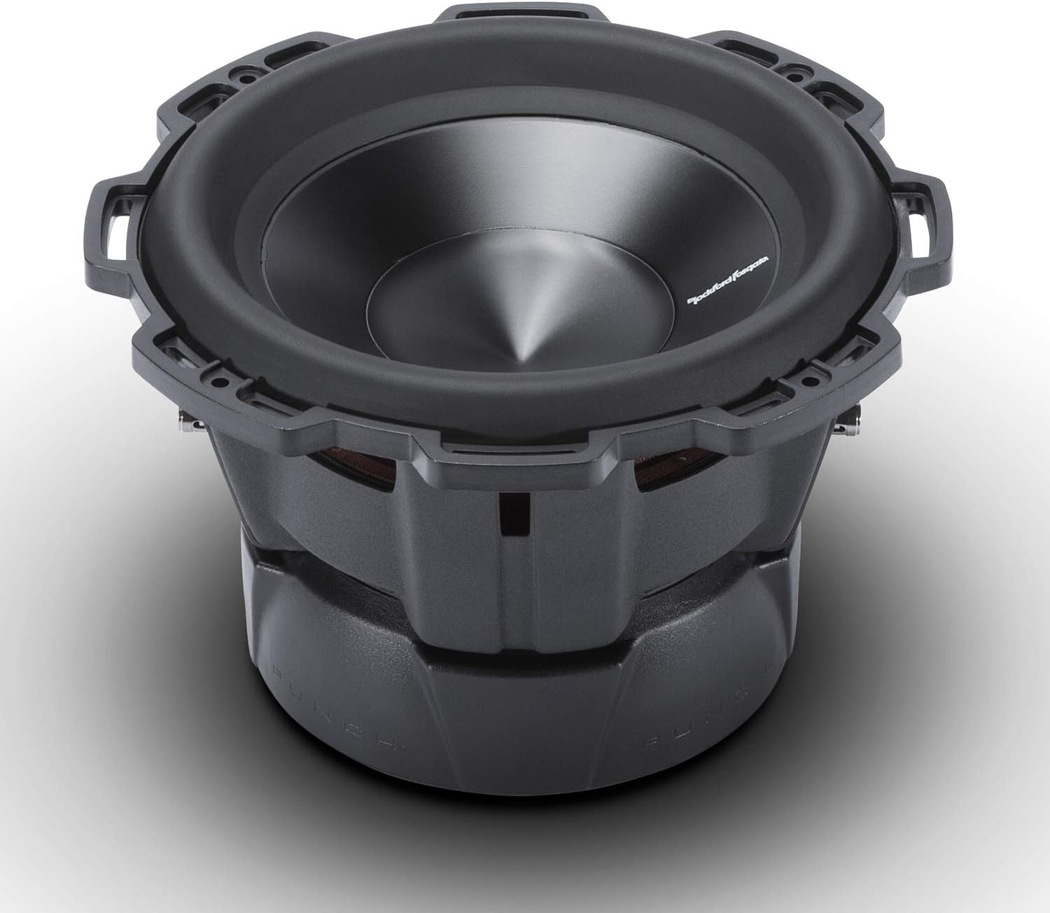 Ein schwarzer Subwoofer mit kegelförmiger Mitte. Der Subwoofer hat einen schwarzen Rahmen, einen schwarzen Konus und eine schwarze Einfassung.