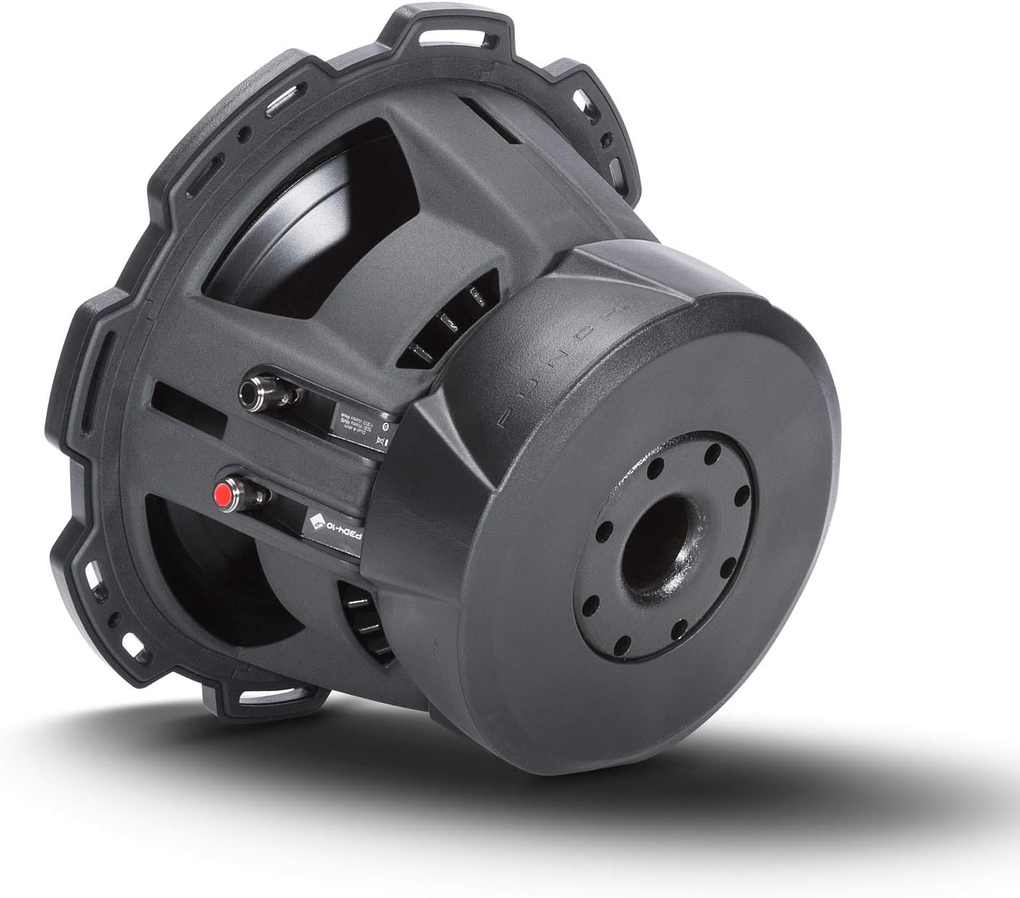 Schwarzer Subwoofer auf weißem Hintergrund. Er hat eine kreisförmige Form mit einem zentralen Konus, Löchern und einem roten Knopf.
