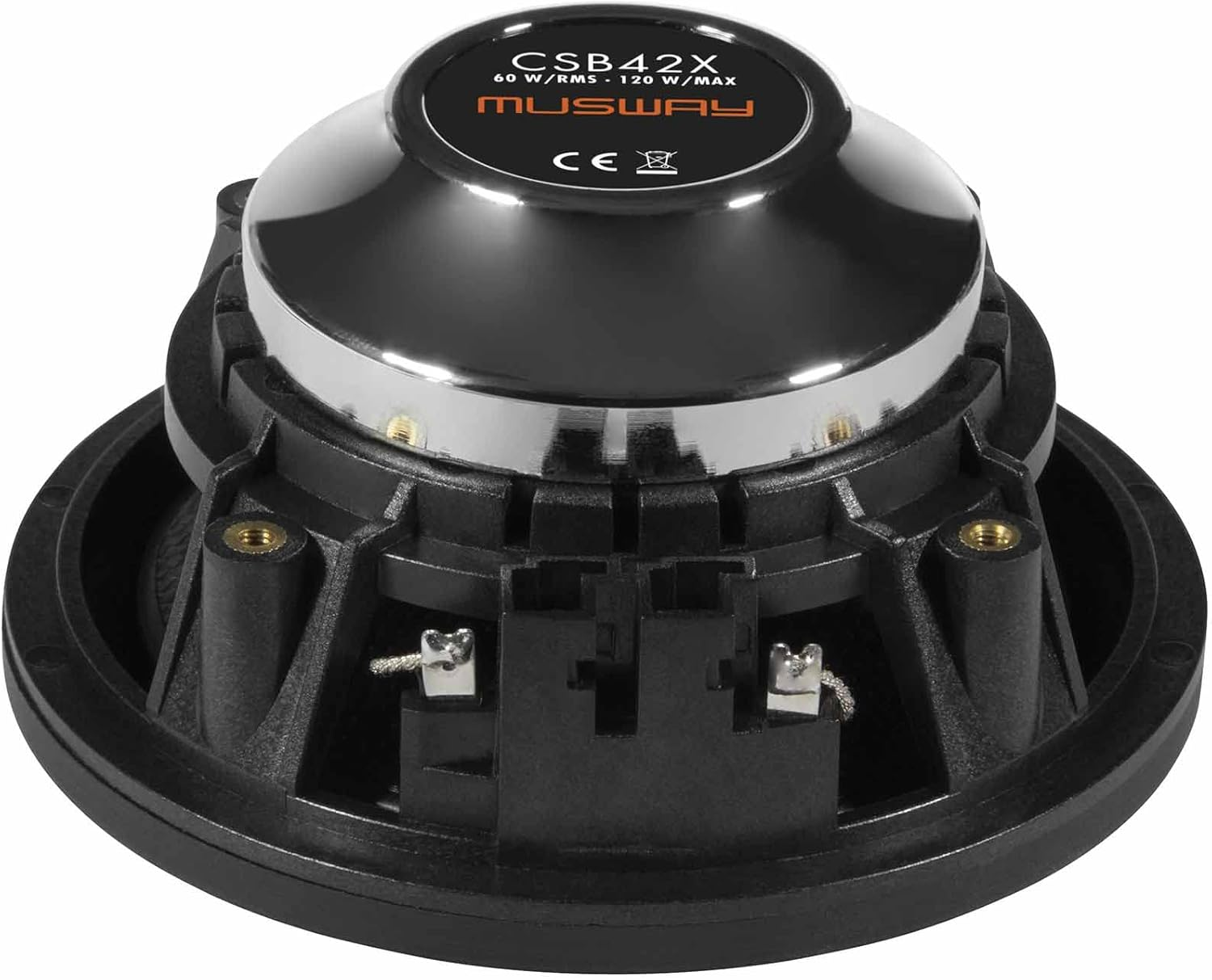 Nahaufnahme eines schwarzen Lautsprechers mit Chromrand. Er hat ein Etikett mit der Aufschrift CSB42X, 60 W/RMS und 120 W/MAX. Der Lautsprecher hat Drahtanschlüsse.