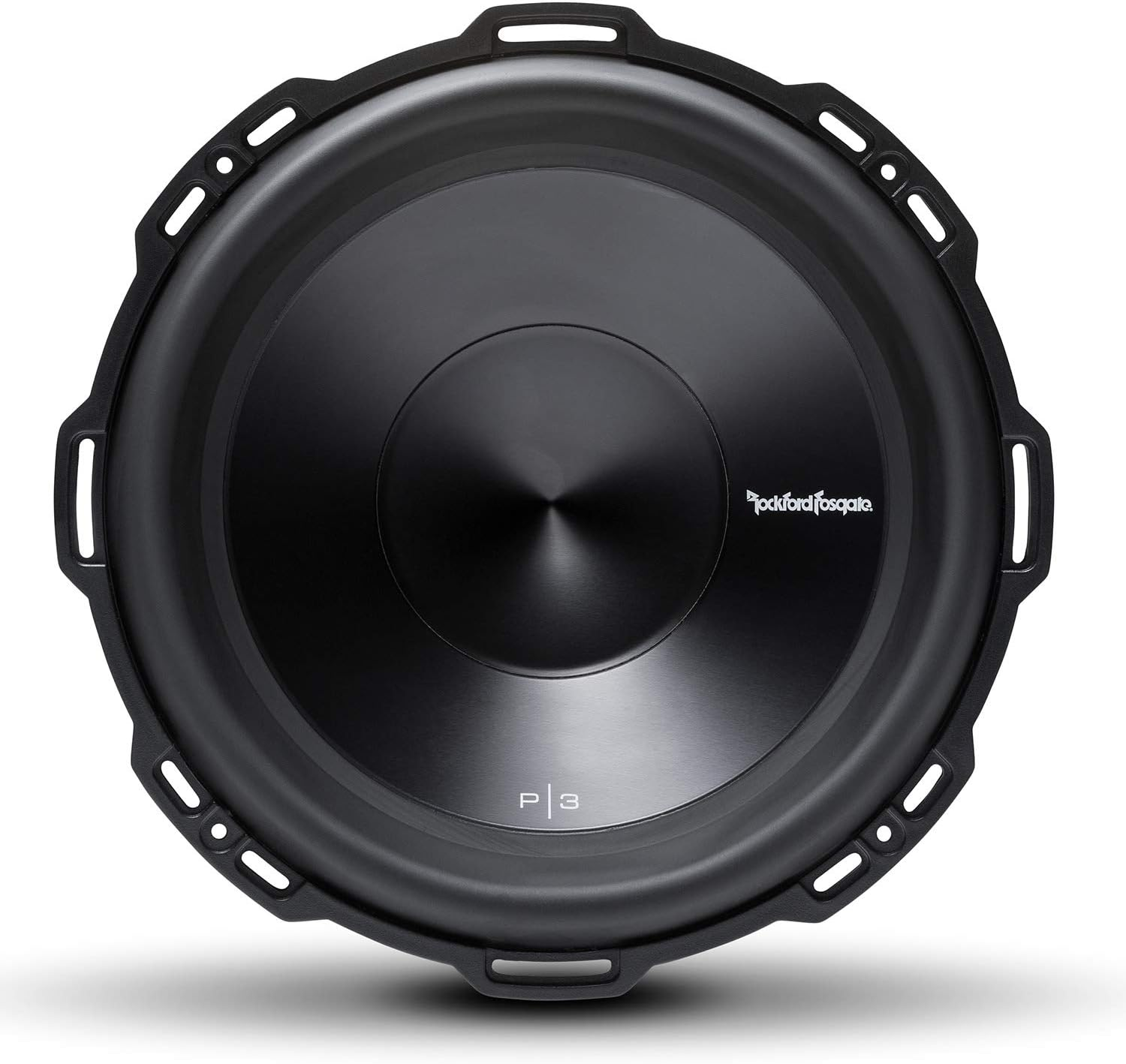 Ein schwarzer Subwoofer mit einem zentralen Konus, einem umlaufenden Rand und einem schützenden Außenrahmen. Der Markenname 'Rockford Fosgate' ist sichtbar.