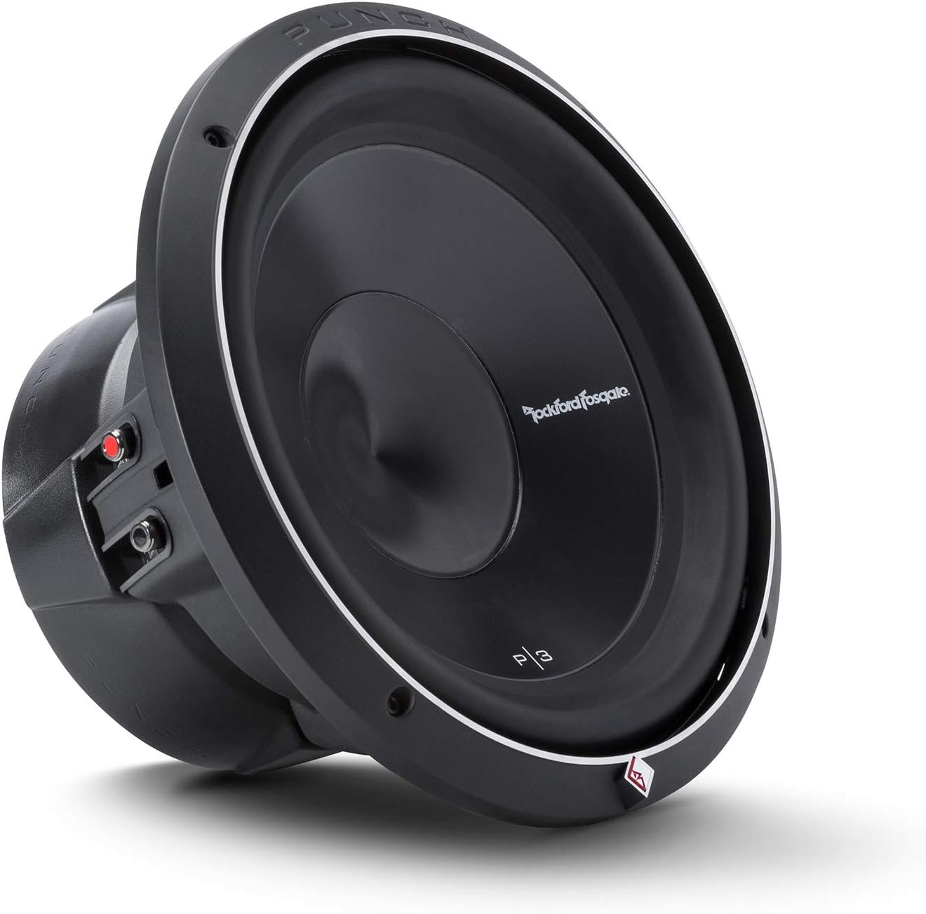 Ein schwarzer Rockford Fosgate P3 Subwoofer. Er hat einen Konus in der Mitte. Der Rand hat eine silberne Kontur. Das Logo ist sichtbar.
