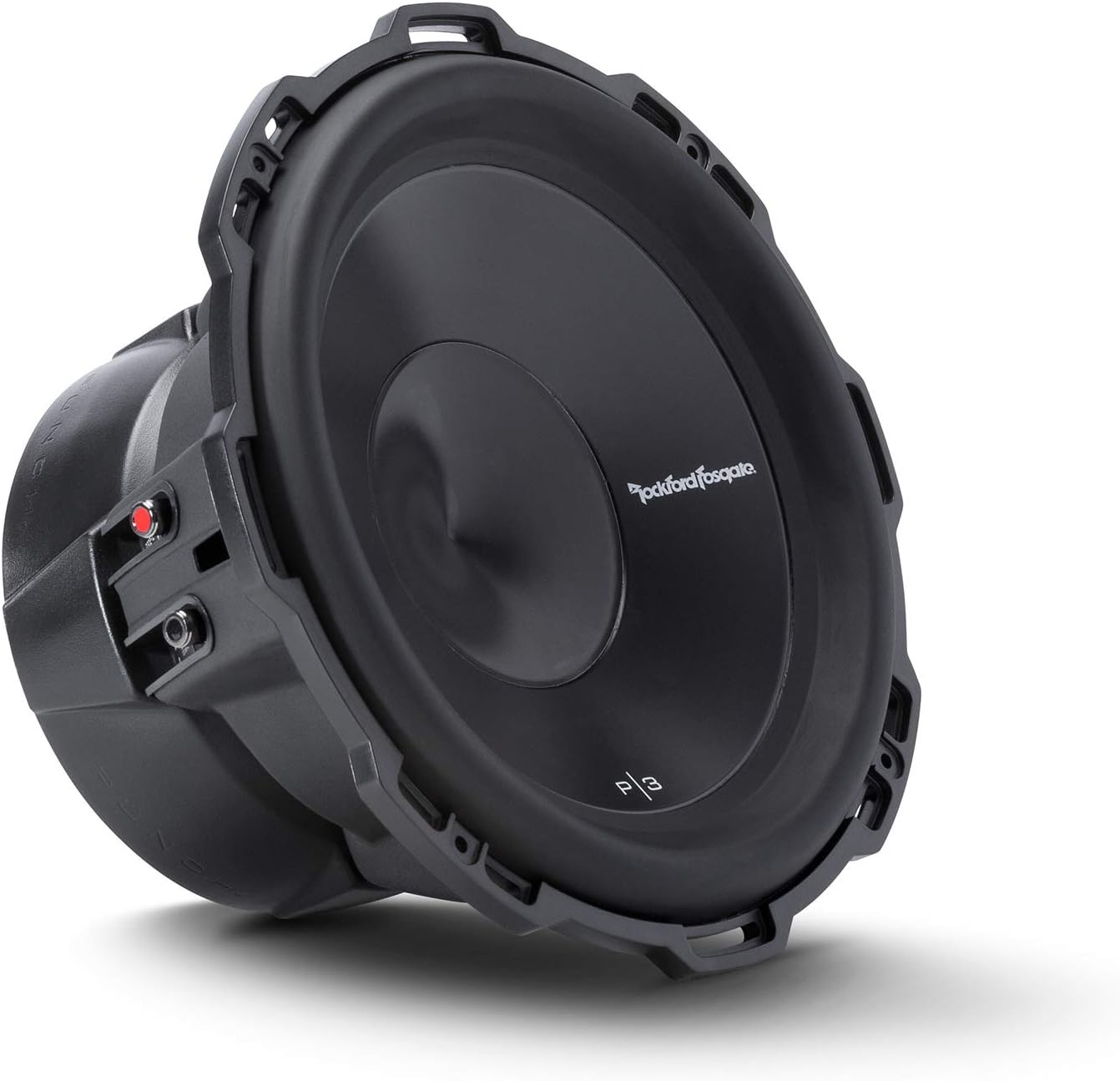 Schwarzer Subwoofer mit Schutzgitter. Der Markenname 'Rockford Fosgate' ist sichtbar. Der Subwoofer ist auf einer weißen Oberfläche angewinkelt.