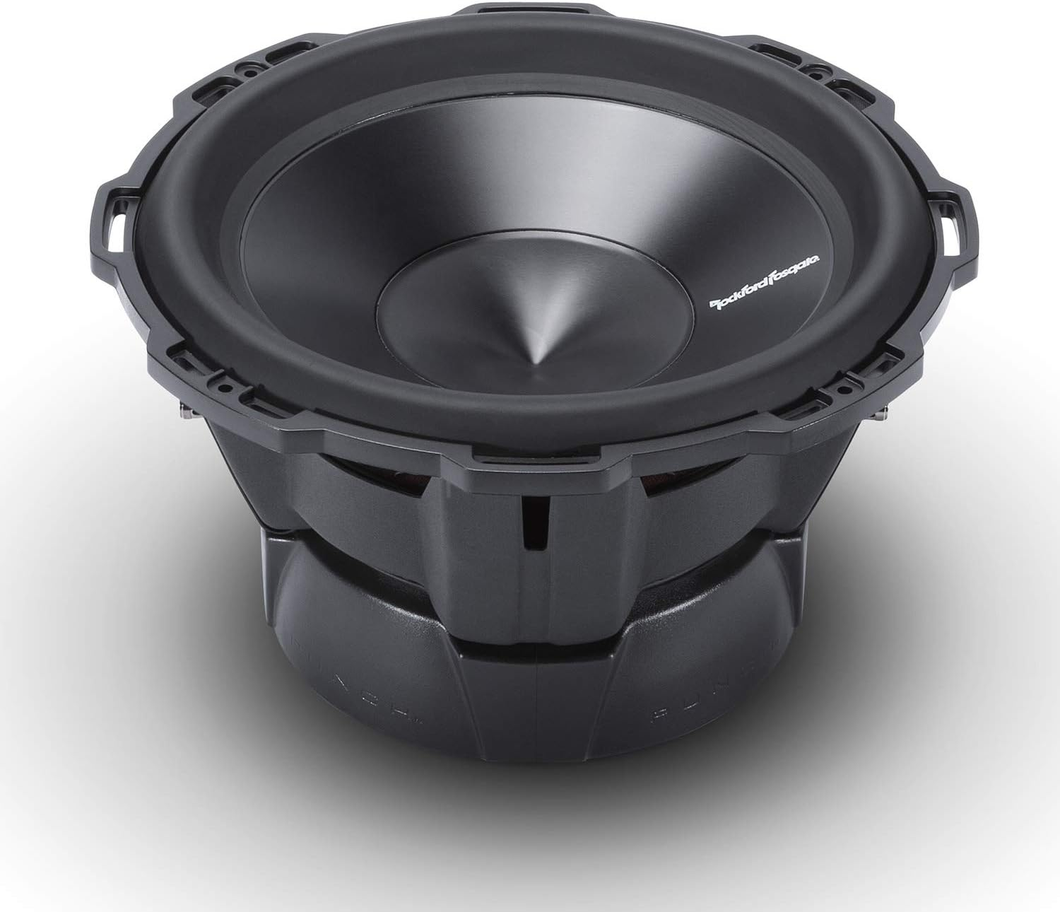 Ein schwarzer Subwoofer auf weißem Hintergrund. Er hat einen Konus in der Mitte und einen Schutzrahmen am Rand.