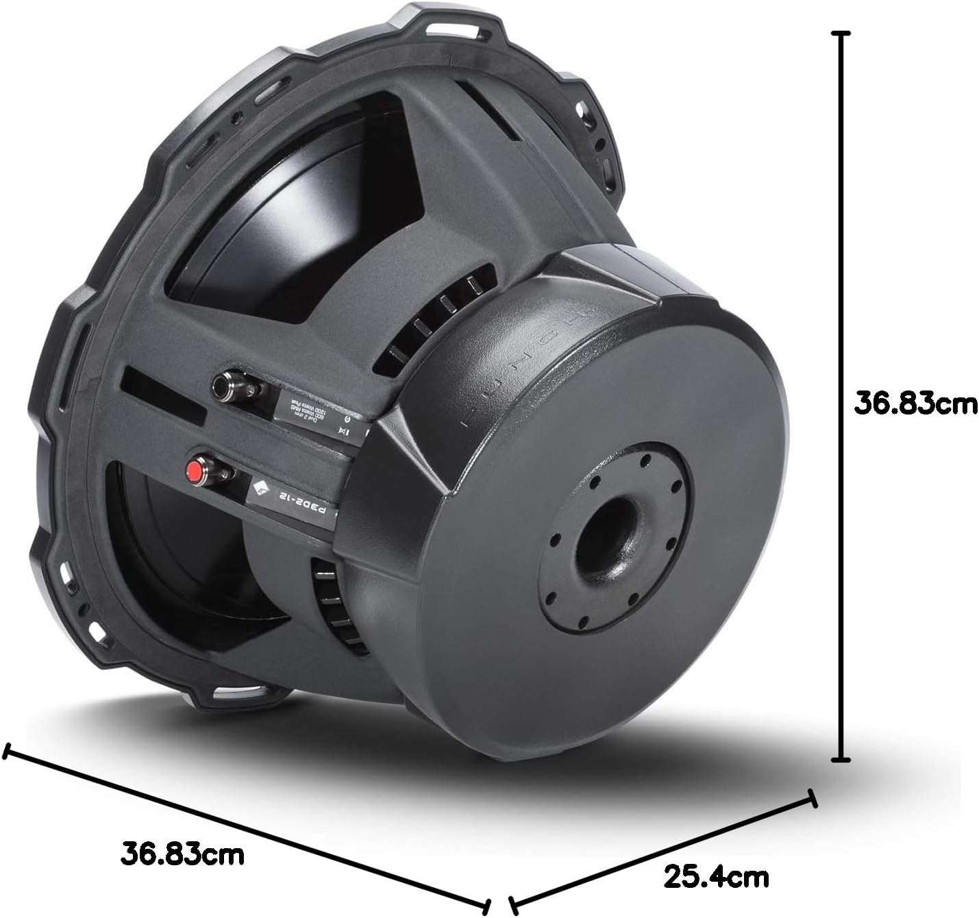 Ein schwarzer Subwoofer mit angegebenen Abmessungen. Die Maße sind 36,83 cm x 36,83 cm x 25,4 cm. Details des Lautsprechers sind sichtbar.